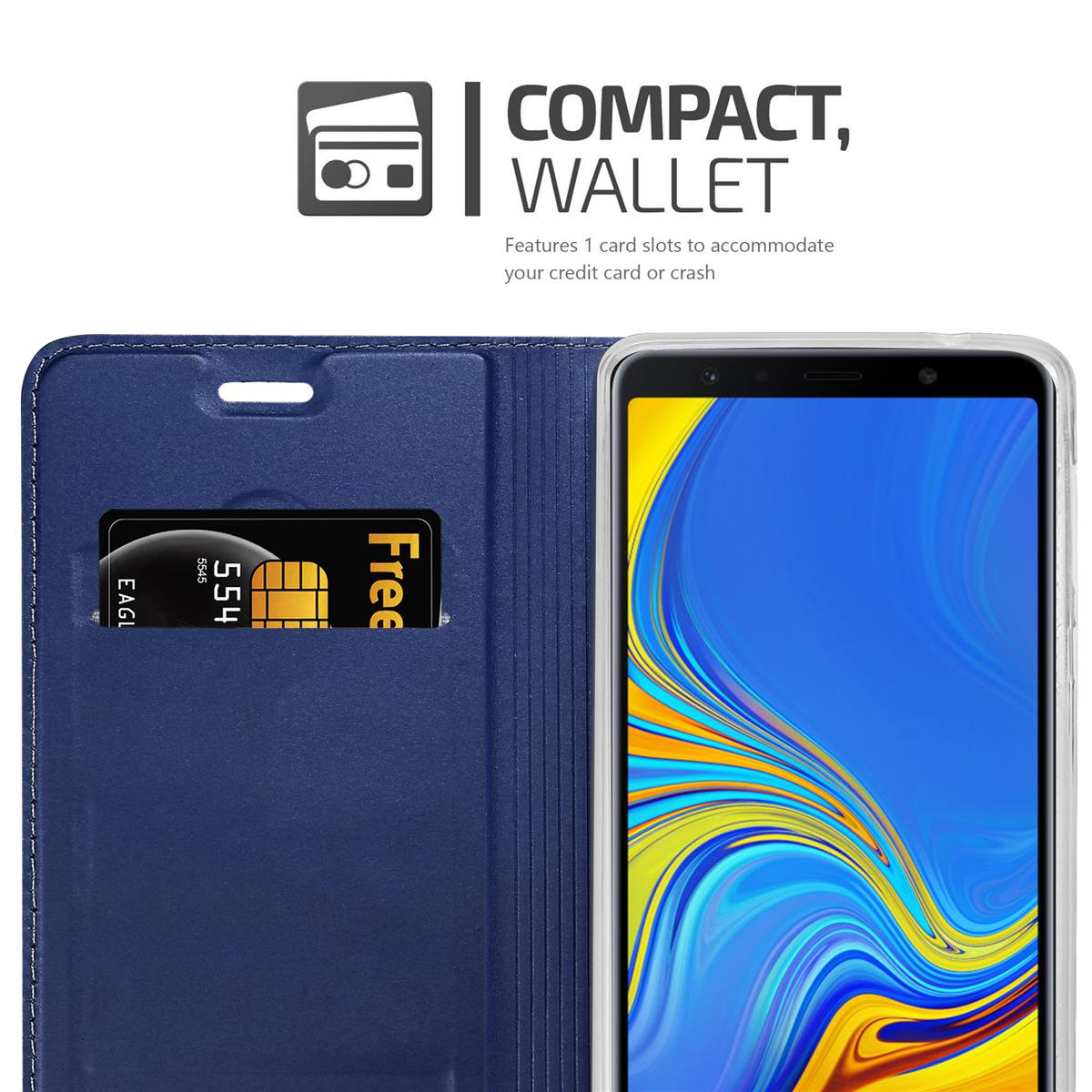 Custodia a portafoglio blu che mostra uno slot per carte di credito e un telefono con schermo nero.