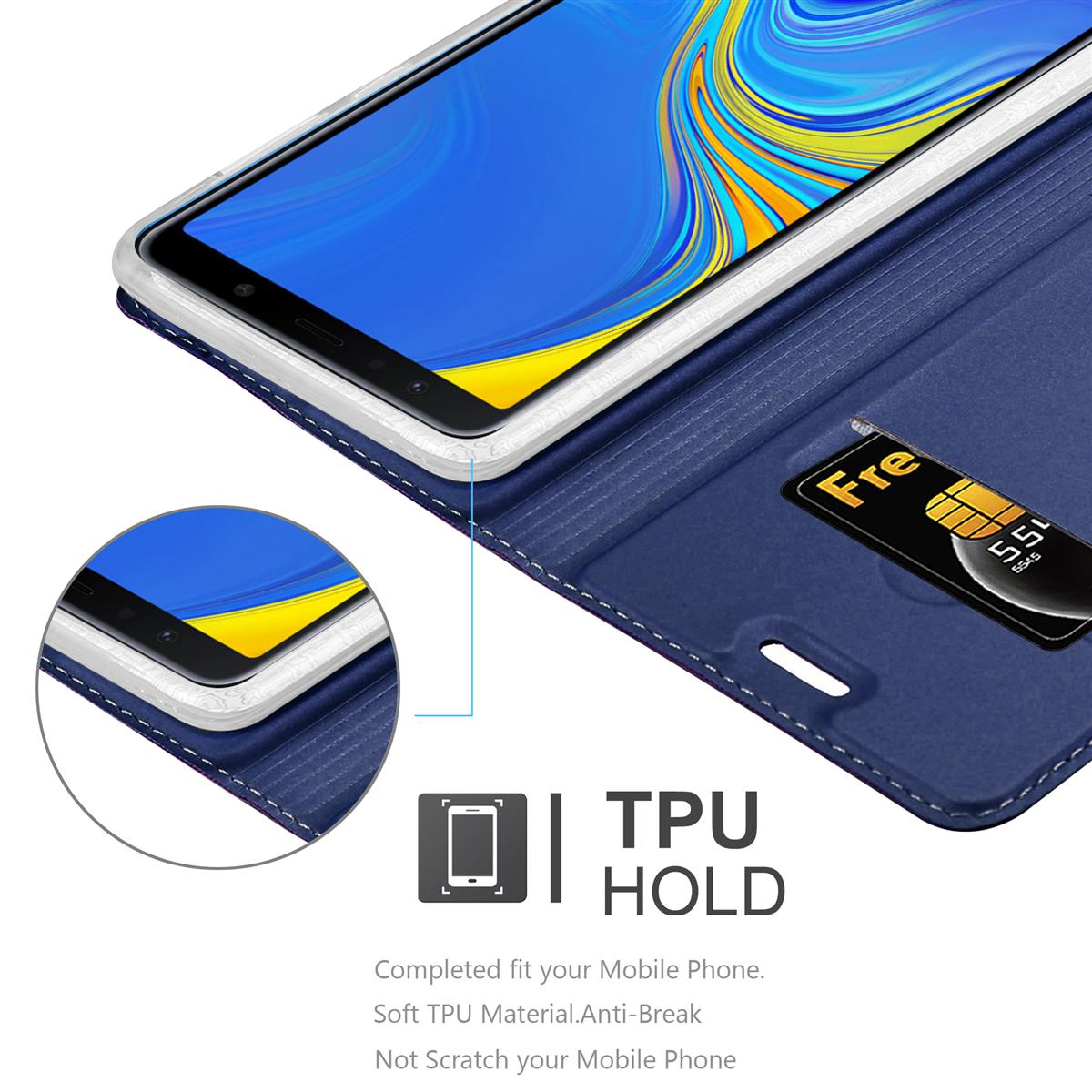 Custodia per telefono blu, aperta, con vista dettagliata del telefono e della scheda. La scheda ha dei numeri sopra.