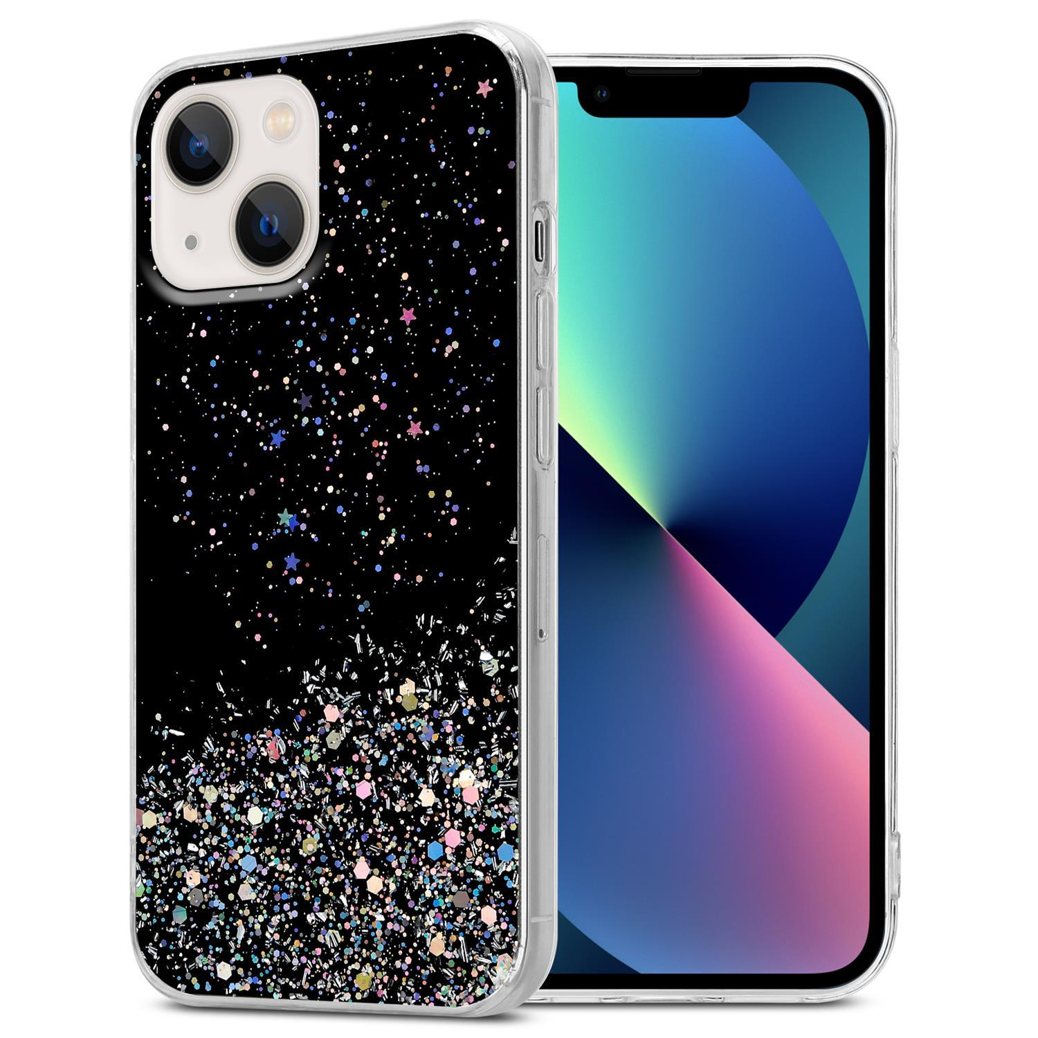 Schwarze Handyhülle mit Glitzerdesign. Das Telefon ist klar mit einem bunten Bildschirm.