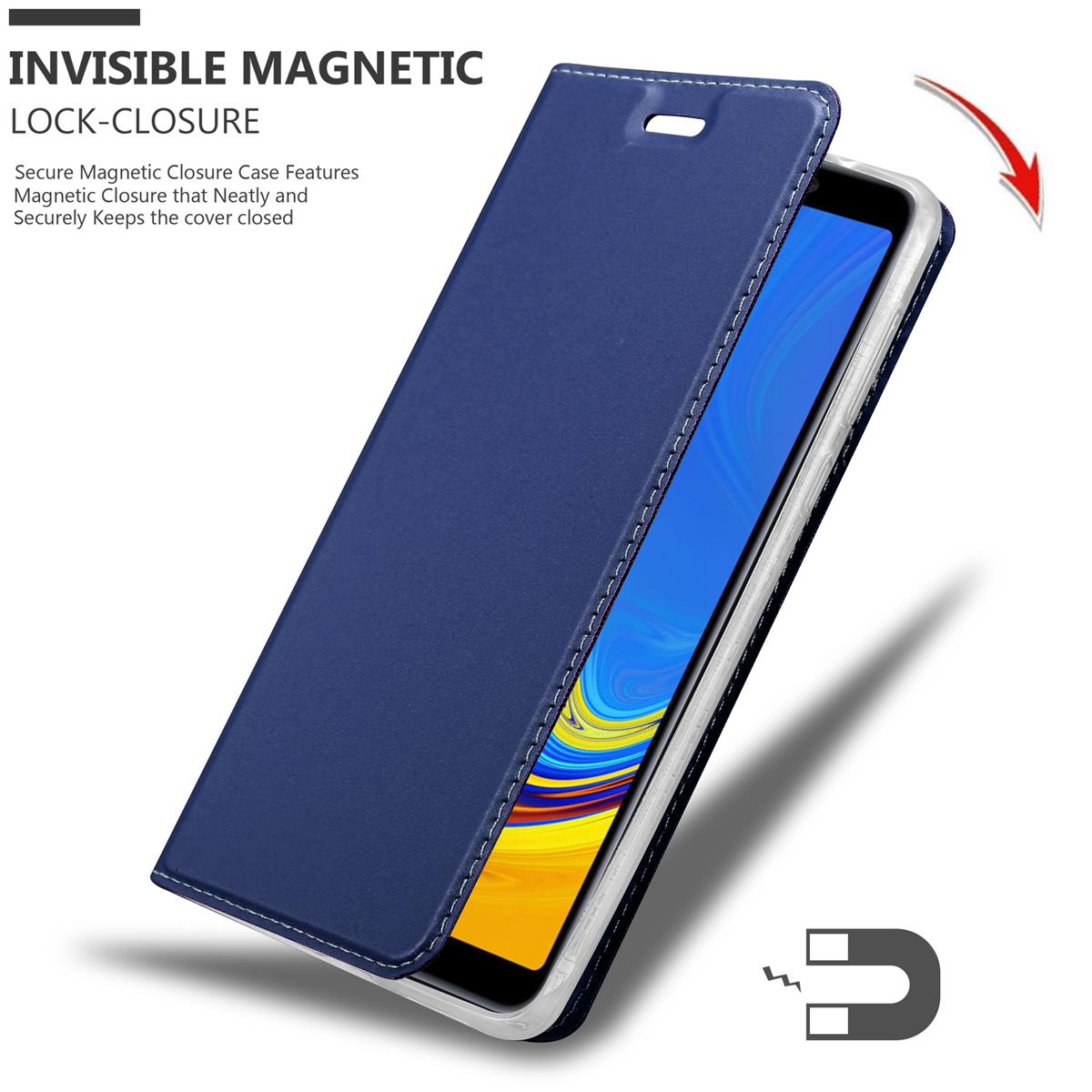 Custodia blu con chiusura magnetica. Il telefono è dentro. Freccia indica apertura.