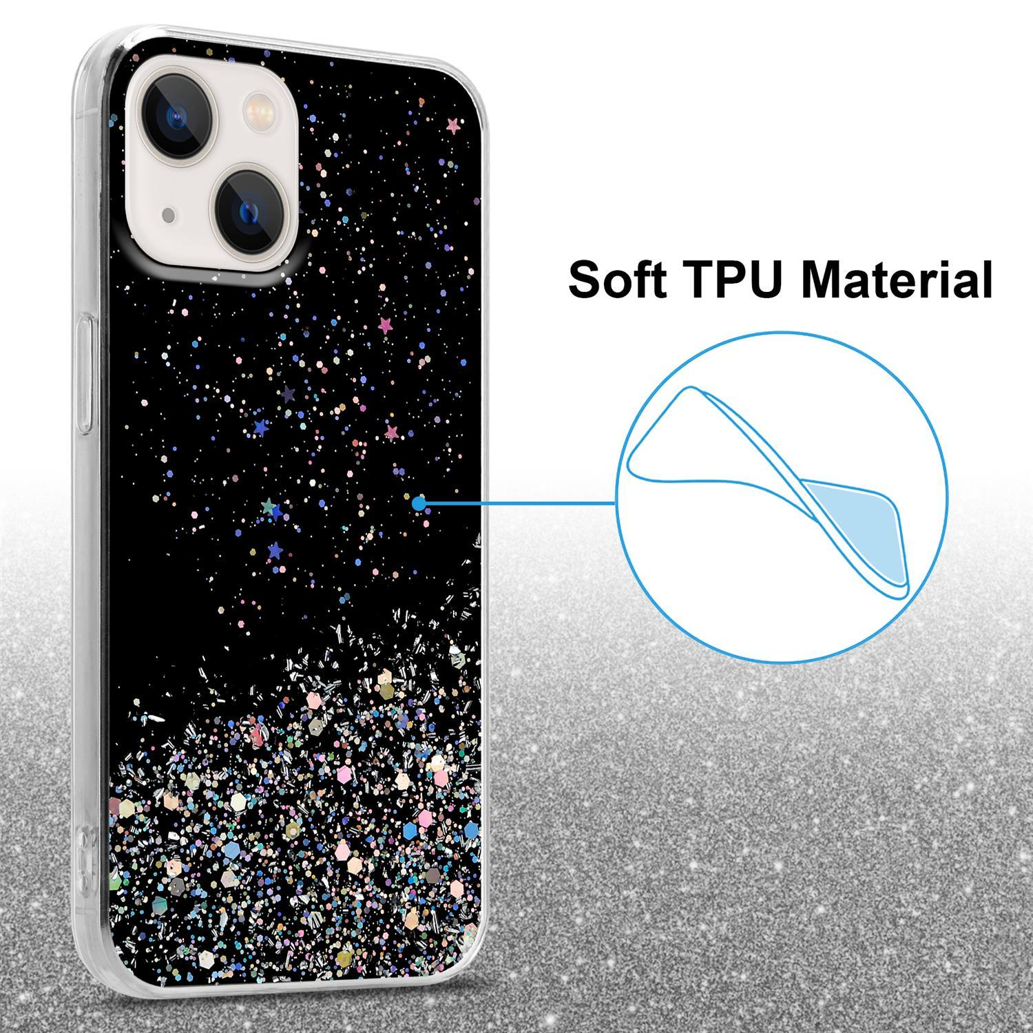 Schwarze Handyhülle mit Glitzerdesign. Der Text 'Soft TPU Material' und ein blauer Kreis.