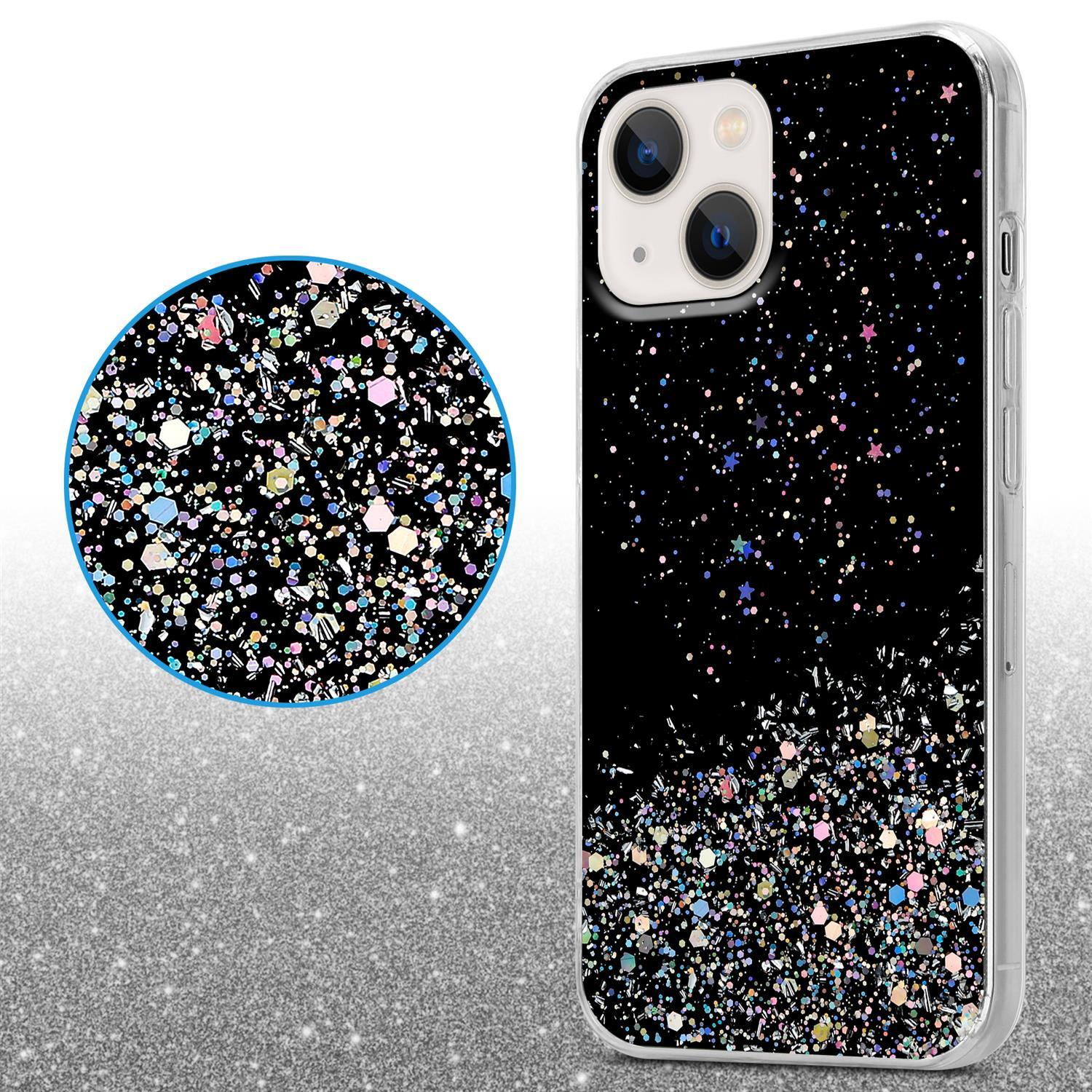 Eine Handyhülle mit schwarzem Glitzerdesign, zeigt ein Telefon mit Dual-Kamera.
