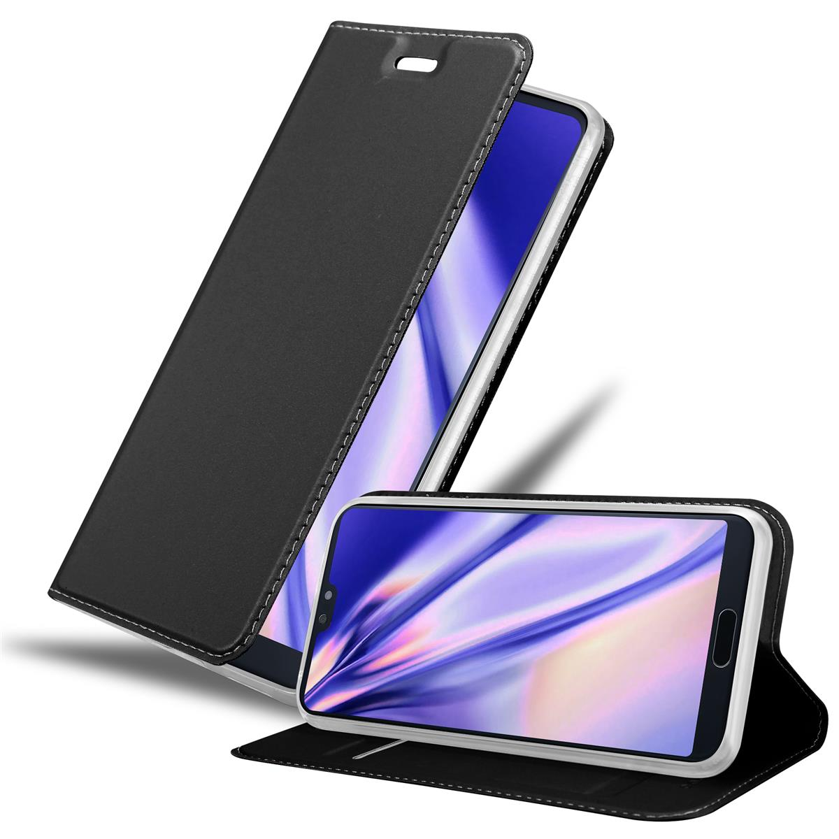 Schwarze Handyhülle mit offenem Bildschirm und ein weiteres Telefon in der Hülle auf dem Tisch.