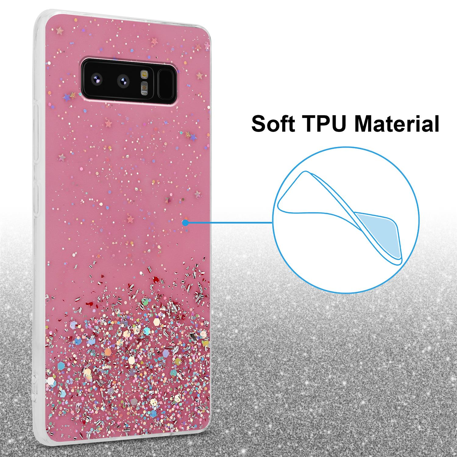 Rosa Handyhülle mit Glitzerdesign und weichem TPU-Material, schräge Ansicht.