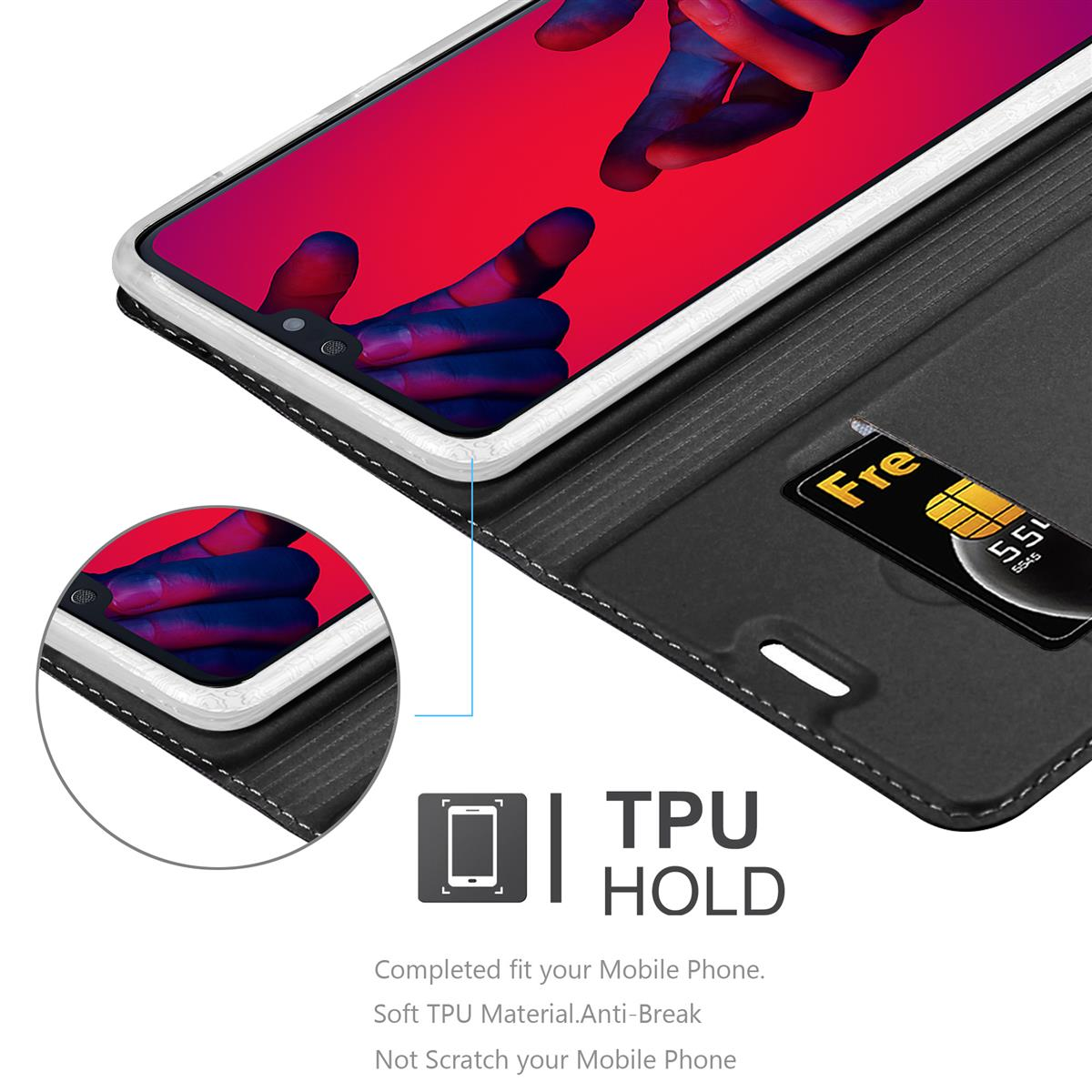 Telefon in einer Hülle. Schwarz mit weißen Nähten. SIM-Karte in der Hülle.