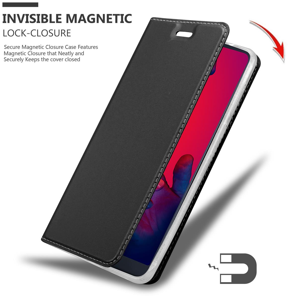 Schwarze Handyhülle, die sich öffnet, um das Telefon freizugeben. Pfeil zeigt Magnetverschluss.