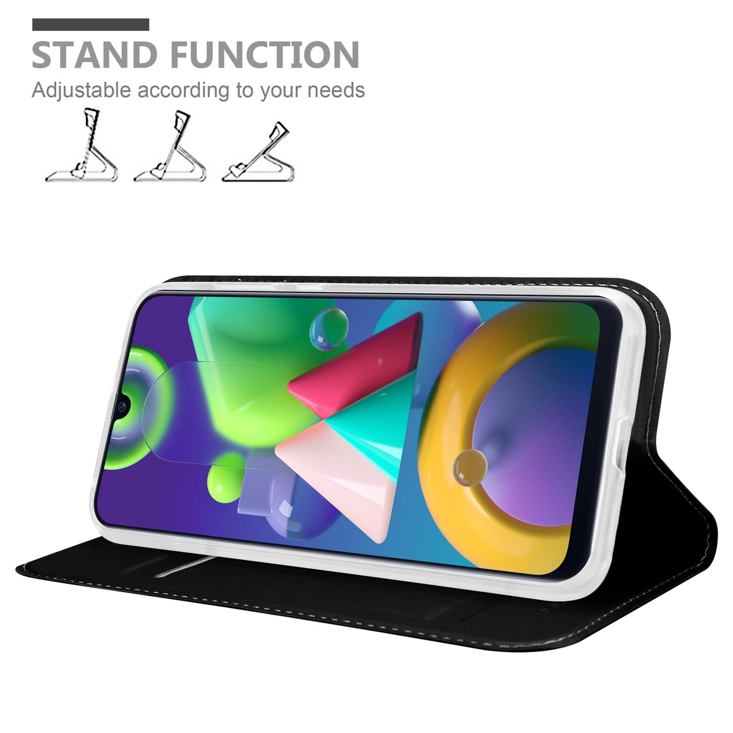 Custodia nera per telefono con telefono dentro. Funzione stand. Testo: Funzione stand. Angoli di visione regolabili.