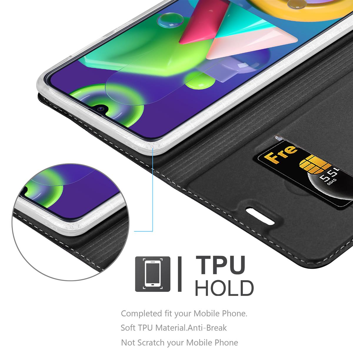Custodia nera con telefono. All'interno c'è una SIM card. Il testo dice TPU HOLD. Vestibilità completa, materiale TPU morbido.