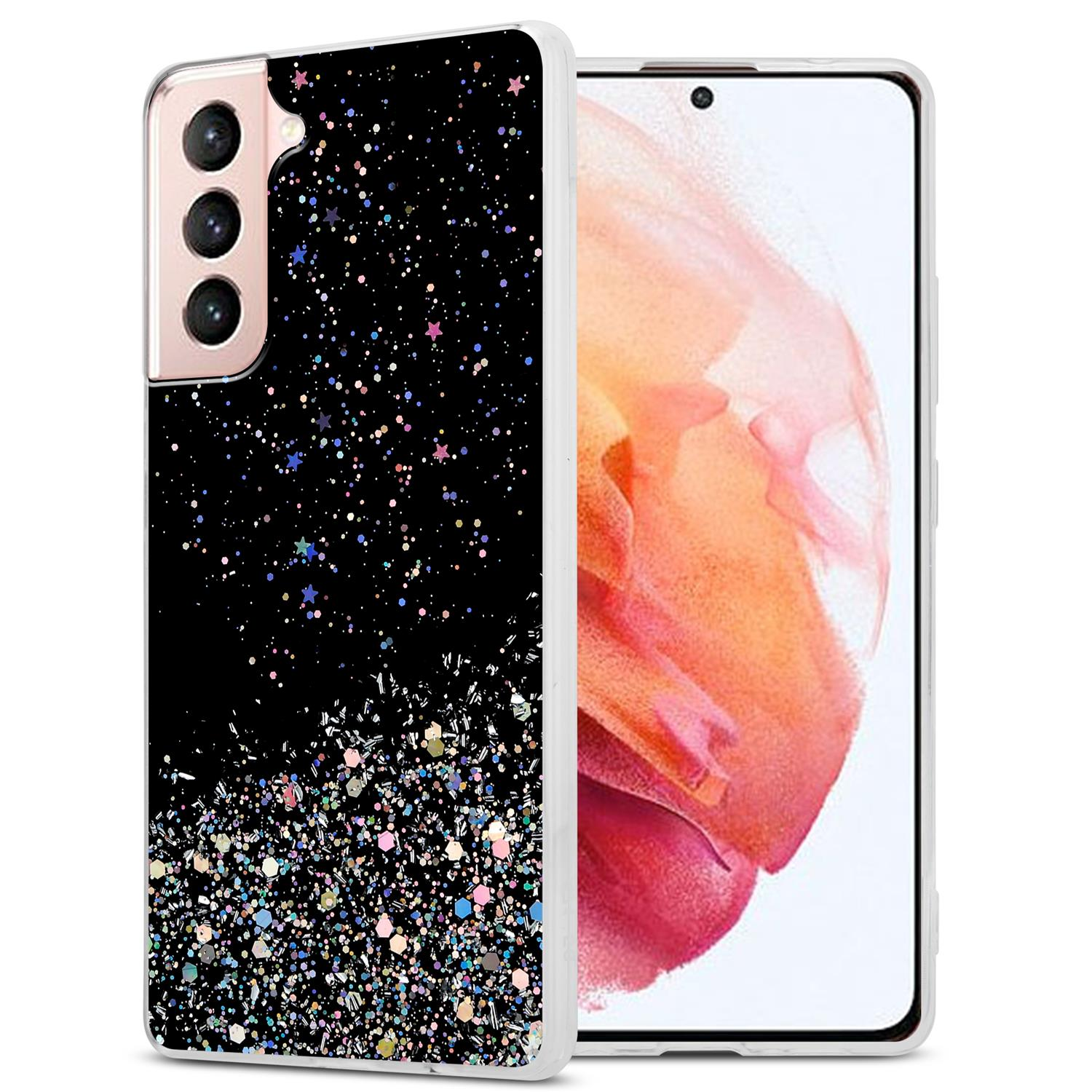 Schwarzes Telefon mit glitzernder Hülle. Die Hülle hat einen schwarzen Hintergrund und Glitzer.
