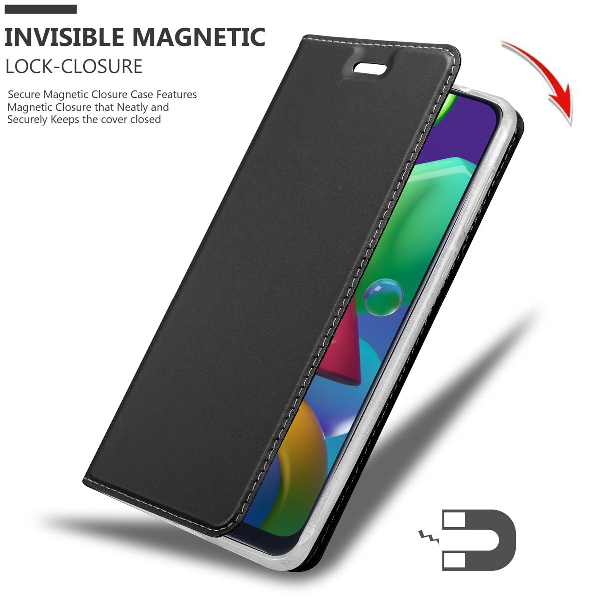 Custodia nera per telefono che si apre. Testo 'INVISIBLE MAGNETIC LOCK-CLOSURE' in alto.