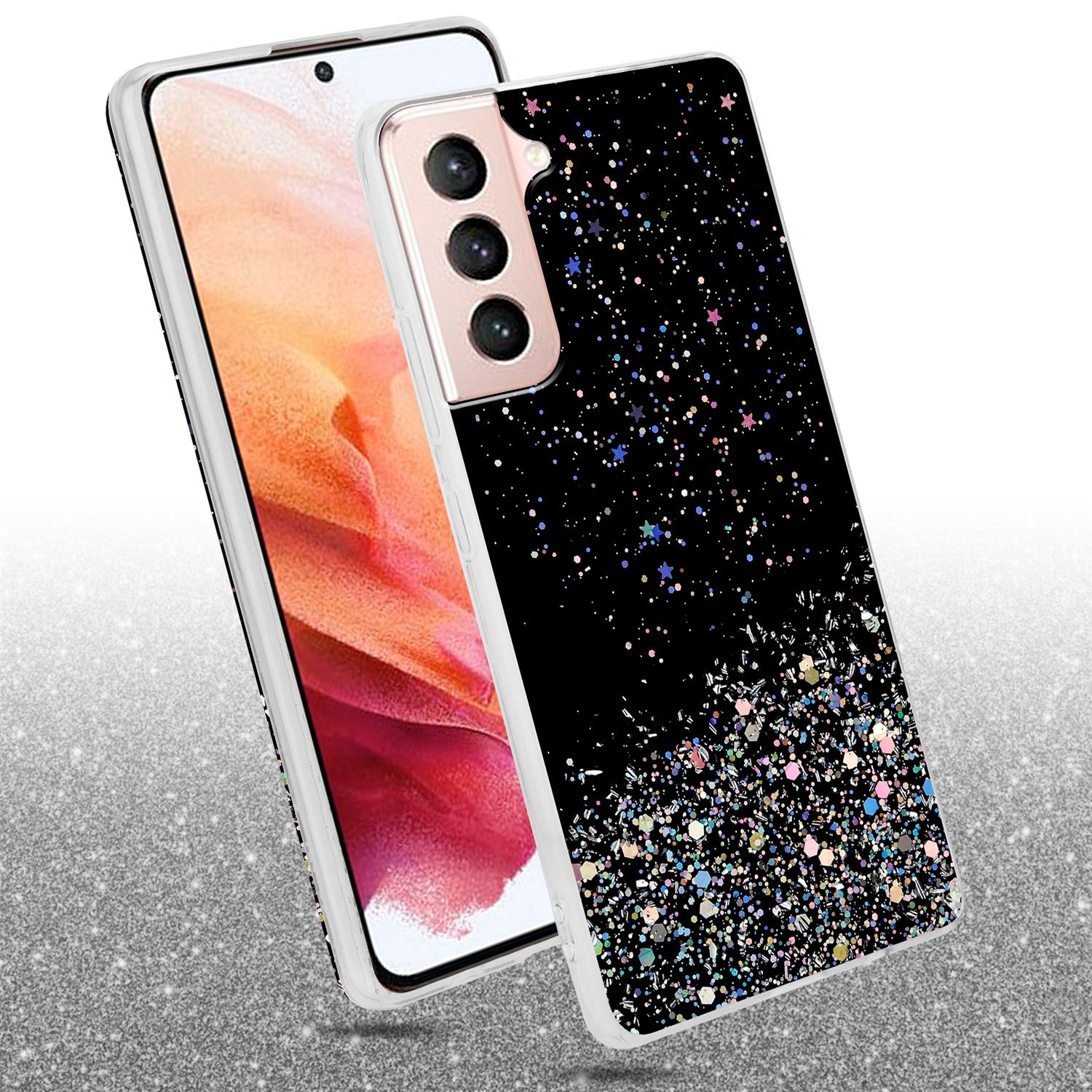 Handyhülle mit schwarzem Glitzerdesign und weißen Rändern. Das Telefon darin.