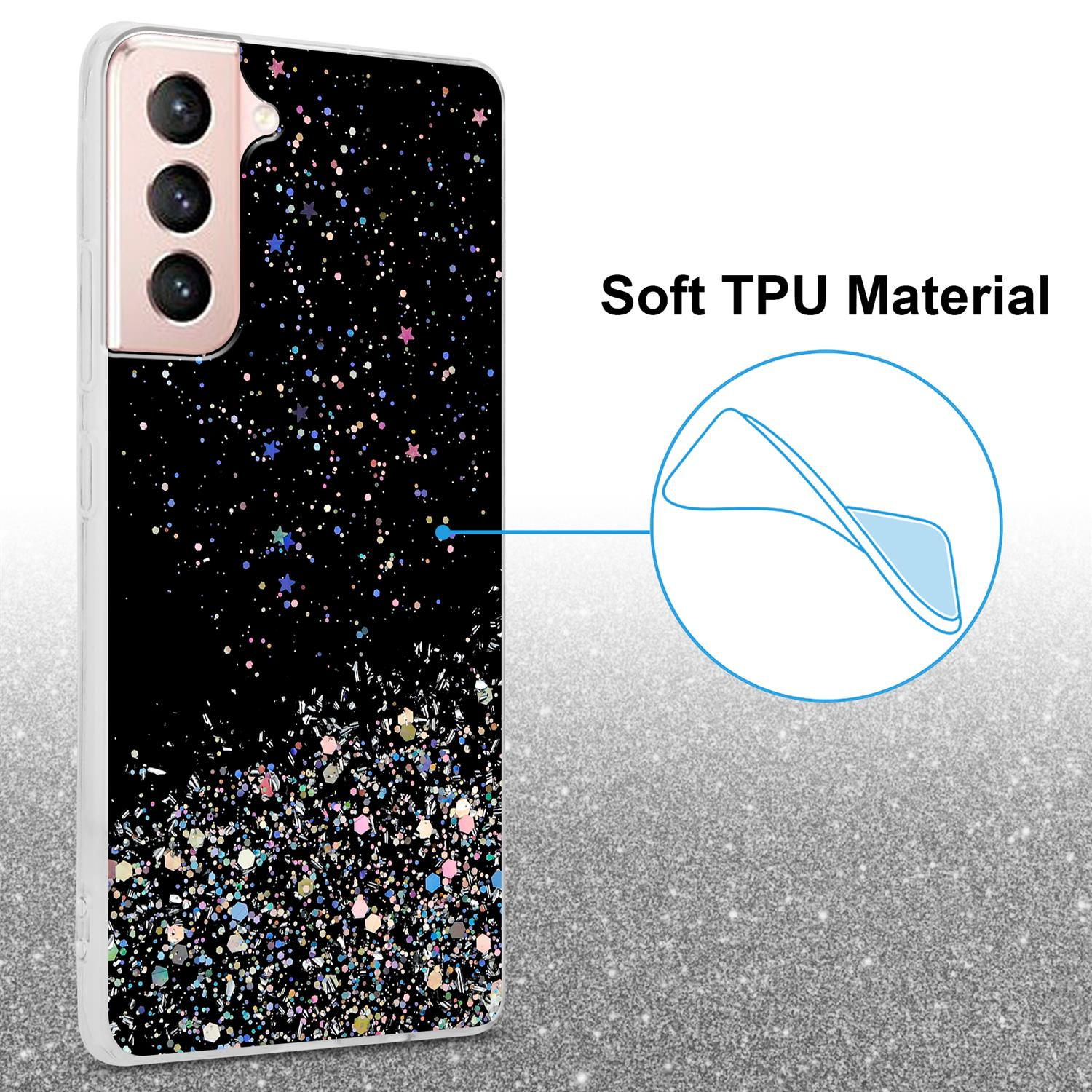 Schwarze Handyhülle mit Glitzer. Glitzer ist unten. Text: Weiches TPU-Material. Das Telefon ist in einer Hülle.