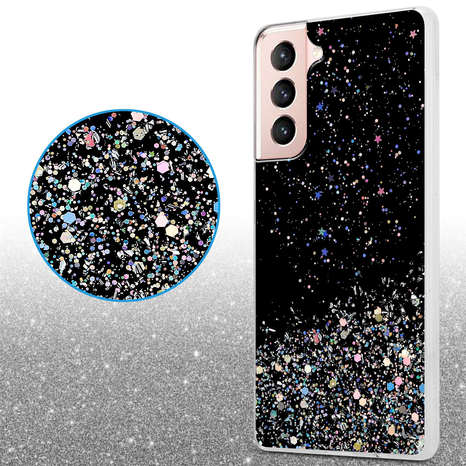 Glitzer-Handyhülle mit Nahaufnahme und Telefon mit drei Kameras. Schwarz und glitzernd.