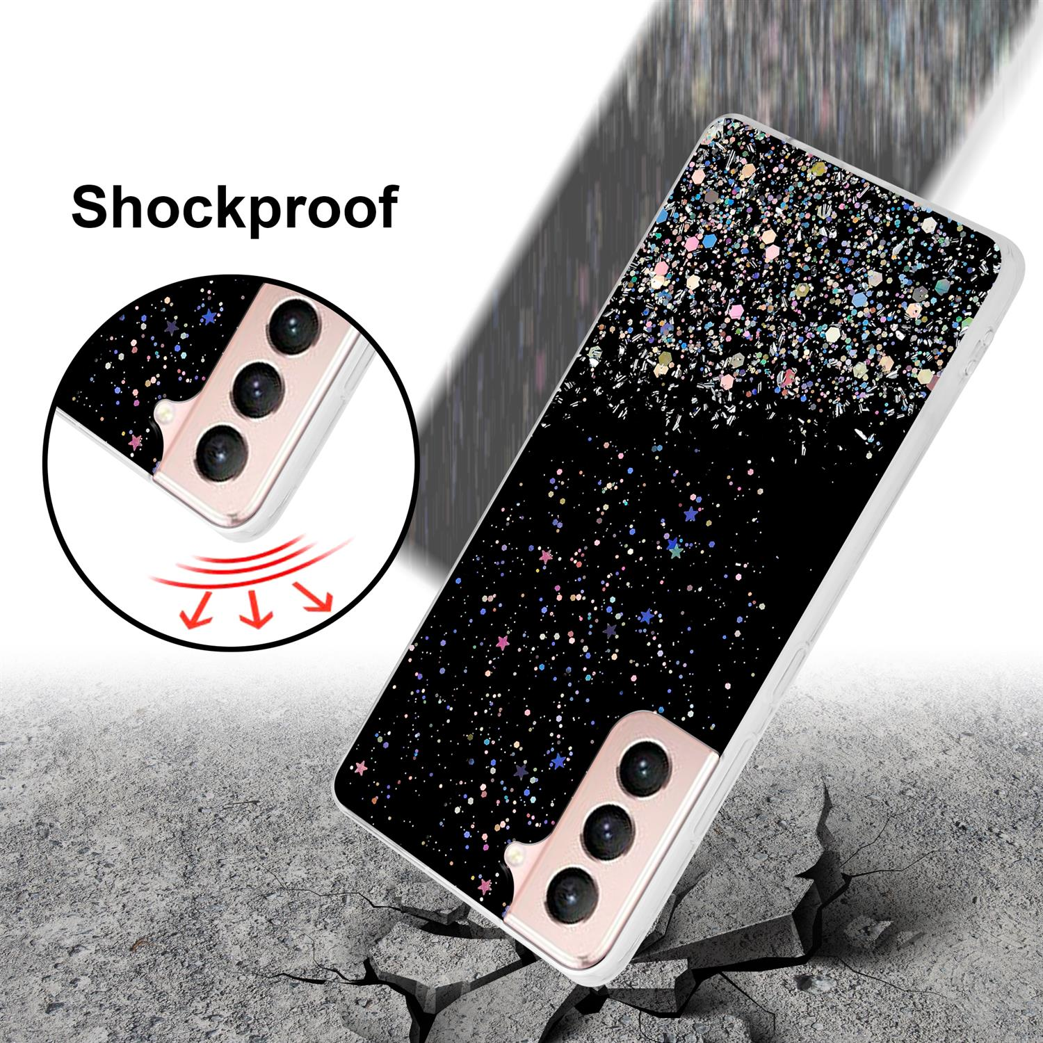 Schwarze Handyhülle mit Glitzer, stoßfest. Betonboden mit Riss.