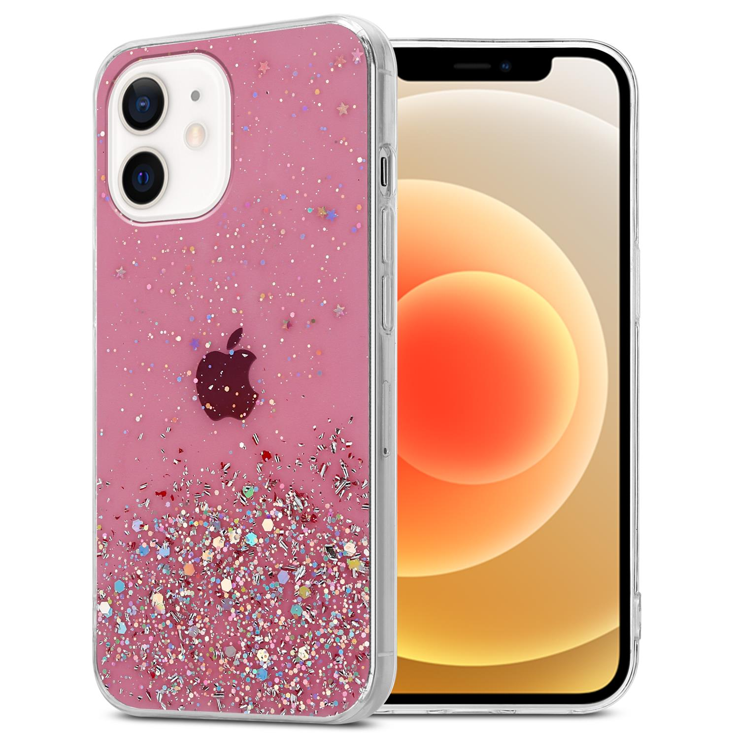Rosa Handyhülle mit Glitzer und Apple-Logo. Ein Telefon ist drin.