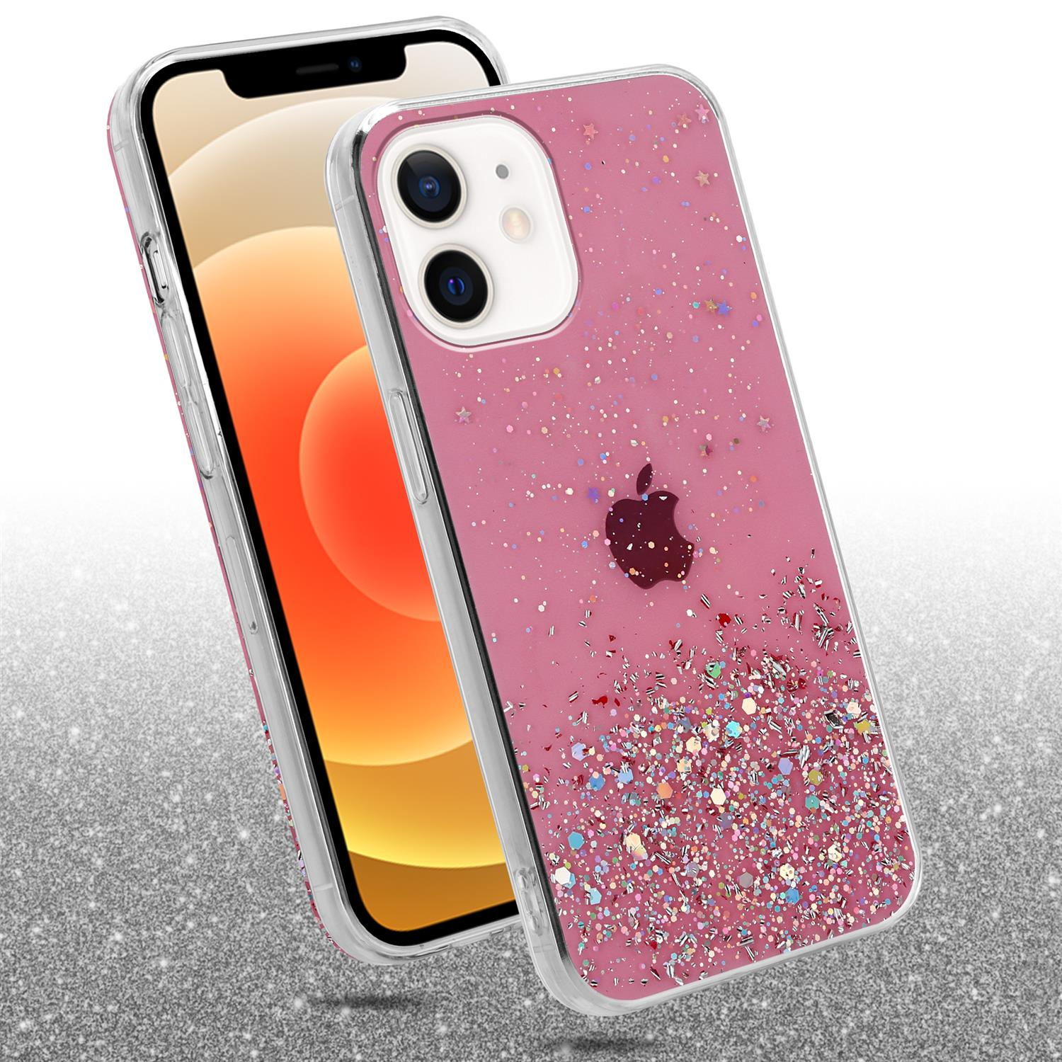 CADORABO TPU Silikon Hülle mit Apple, mit funkelndem MINI, Rosa iPhone 12 Glitter Glitzer, Bumper