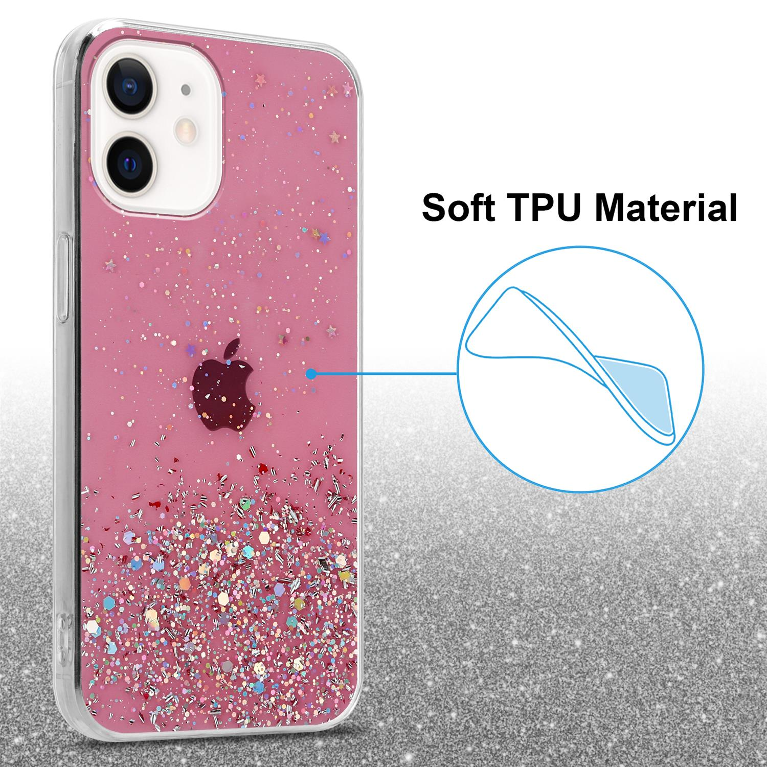 Rosa Handyhülle mit Glitzer, Apple-Logo. Text: 'Weiches TPU-Material'.