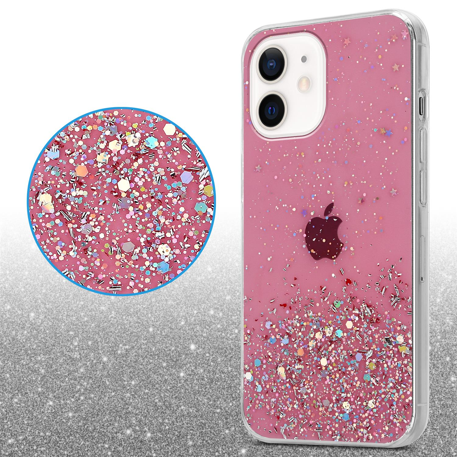 Rosa Handyhülle mit Glitzer. Die Handyhülle ist um ein rosa Telefon mit einem Apple-Logo.