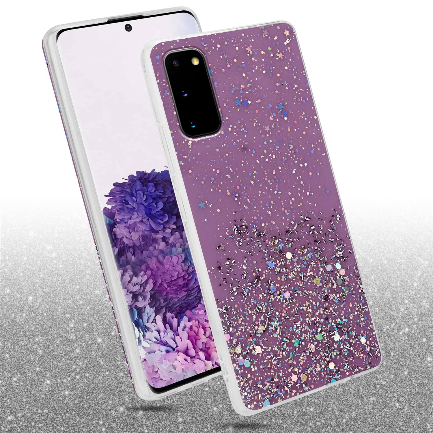 Lila Handyhülle mit Glitzer. Ein Telefon ist in der Hülle zu sehen. Silberner Glitzer im Hintergrund.