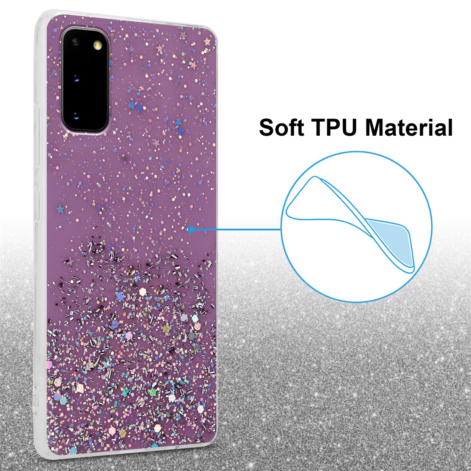 Eine Handyhülle mit einem lila Glitzerdesign auf der Rückseite, mit einem Detail aus weichem TPU-Material.