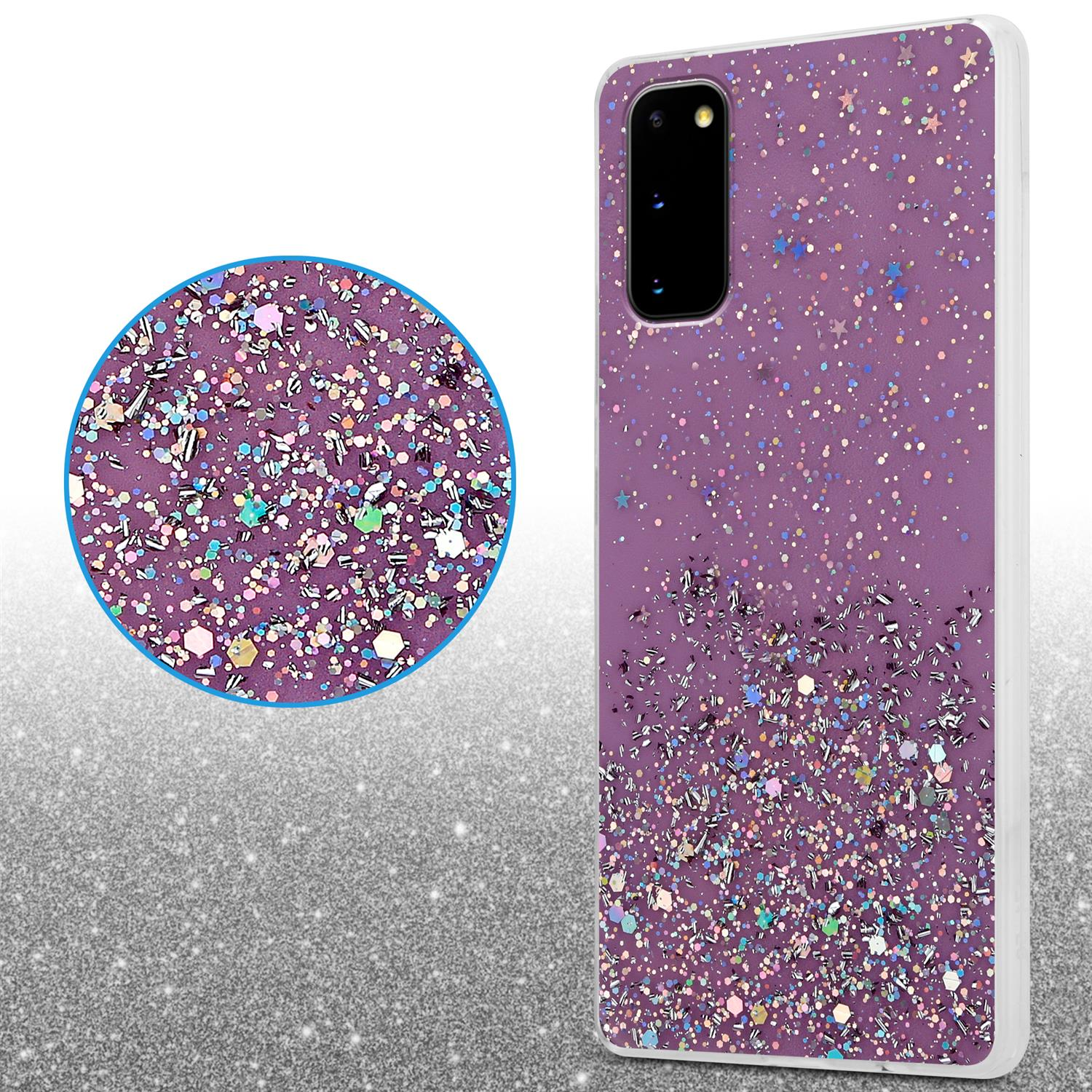 Eine Handyhülle mit lila Glitzerdesign, mit einer Nahaufnahme des Glitzereffekts.