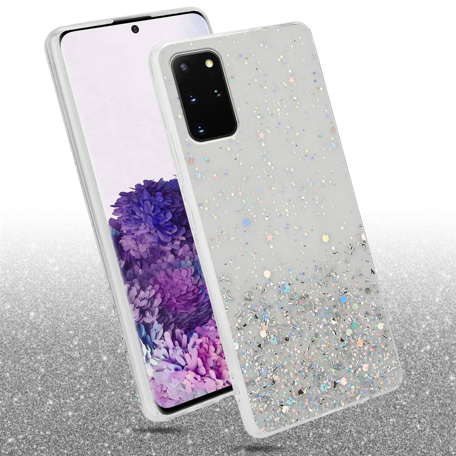 Transparente Handyhülle mit Glitzer auf einem Telefon. Das Telefon zeigt einen lila Blumenhintergrund.