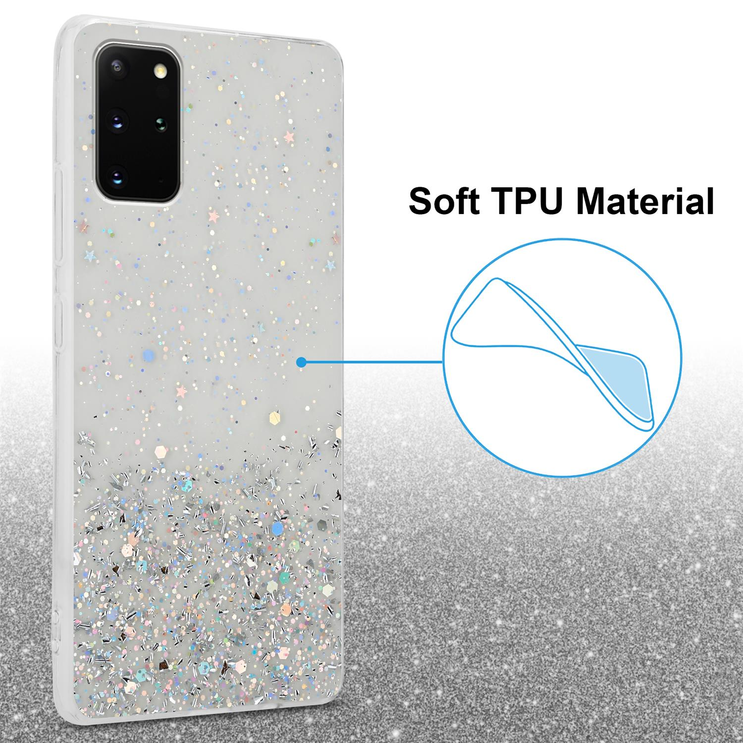Transparente Handyhülle mit silbernem Glitzer. Die Hülle bedeckt die Rückseite eines Telefons mit Glitzerpartikeln.