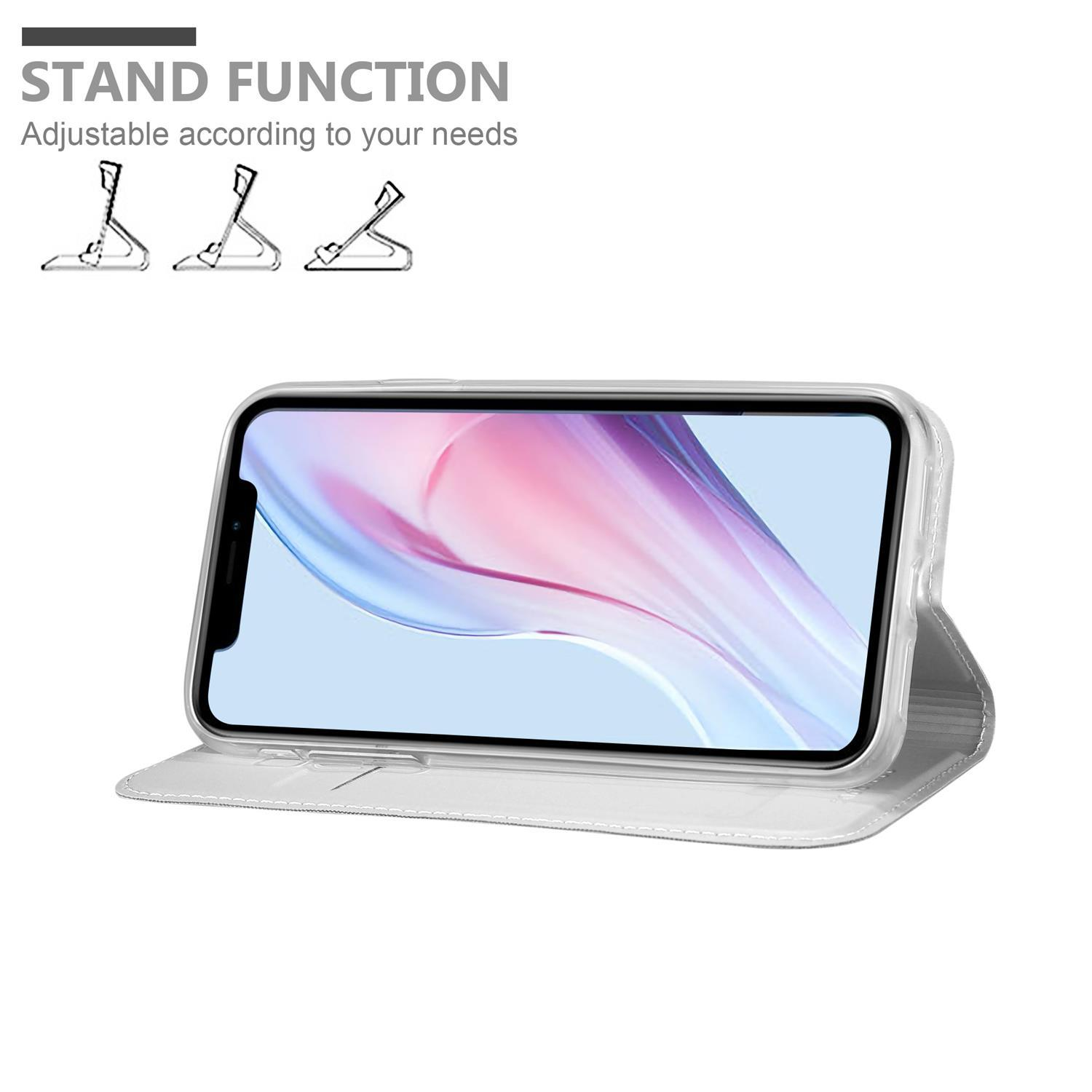 Ein Telefon in einer weißen Hülle, geöffnet, um den Bildschirm zu zeigen, und drei Standoptionen.
