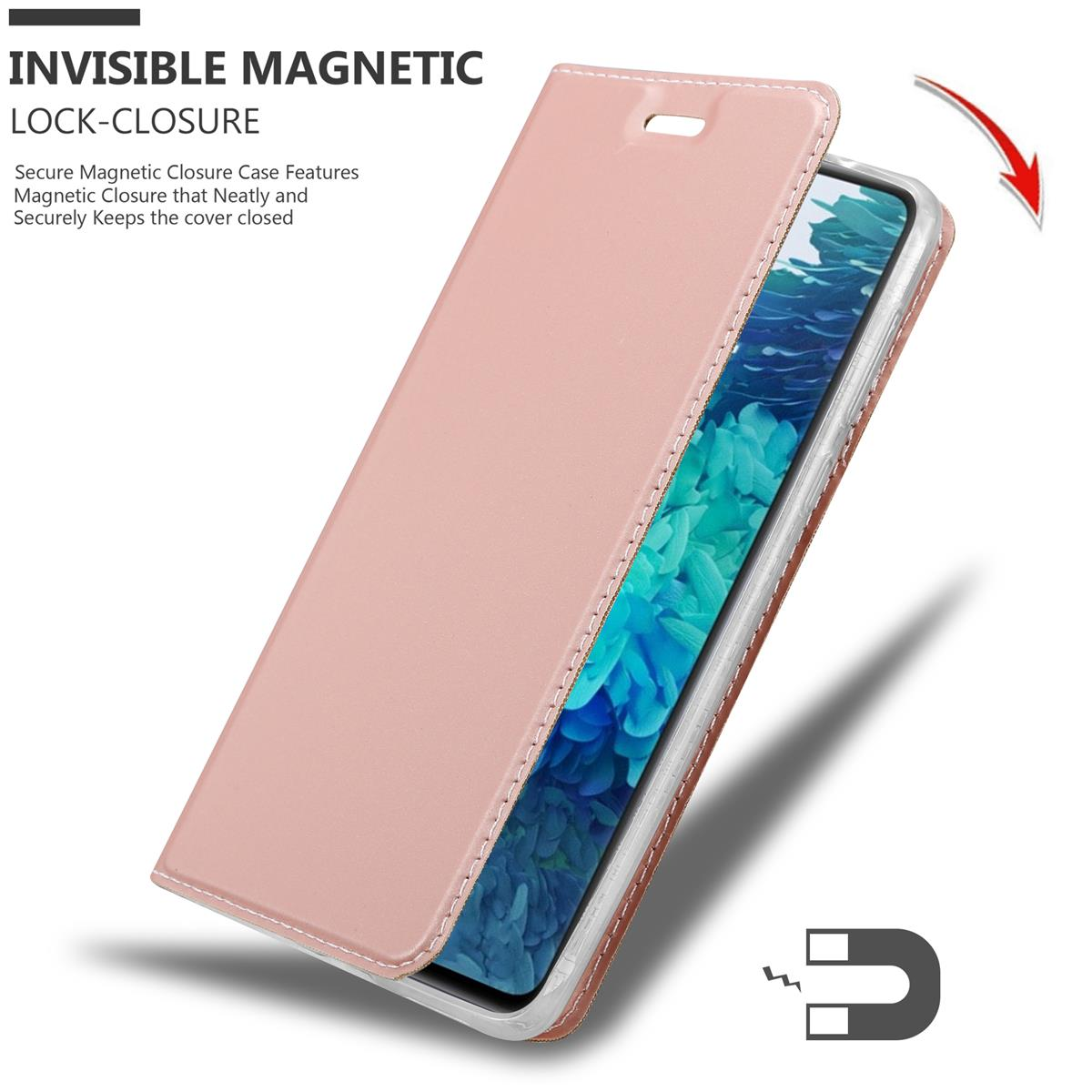 Custodia rosa con chiusura magnetica invisibile, con coperchio aperto e simbolo del magnete.