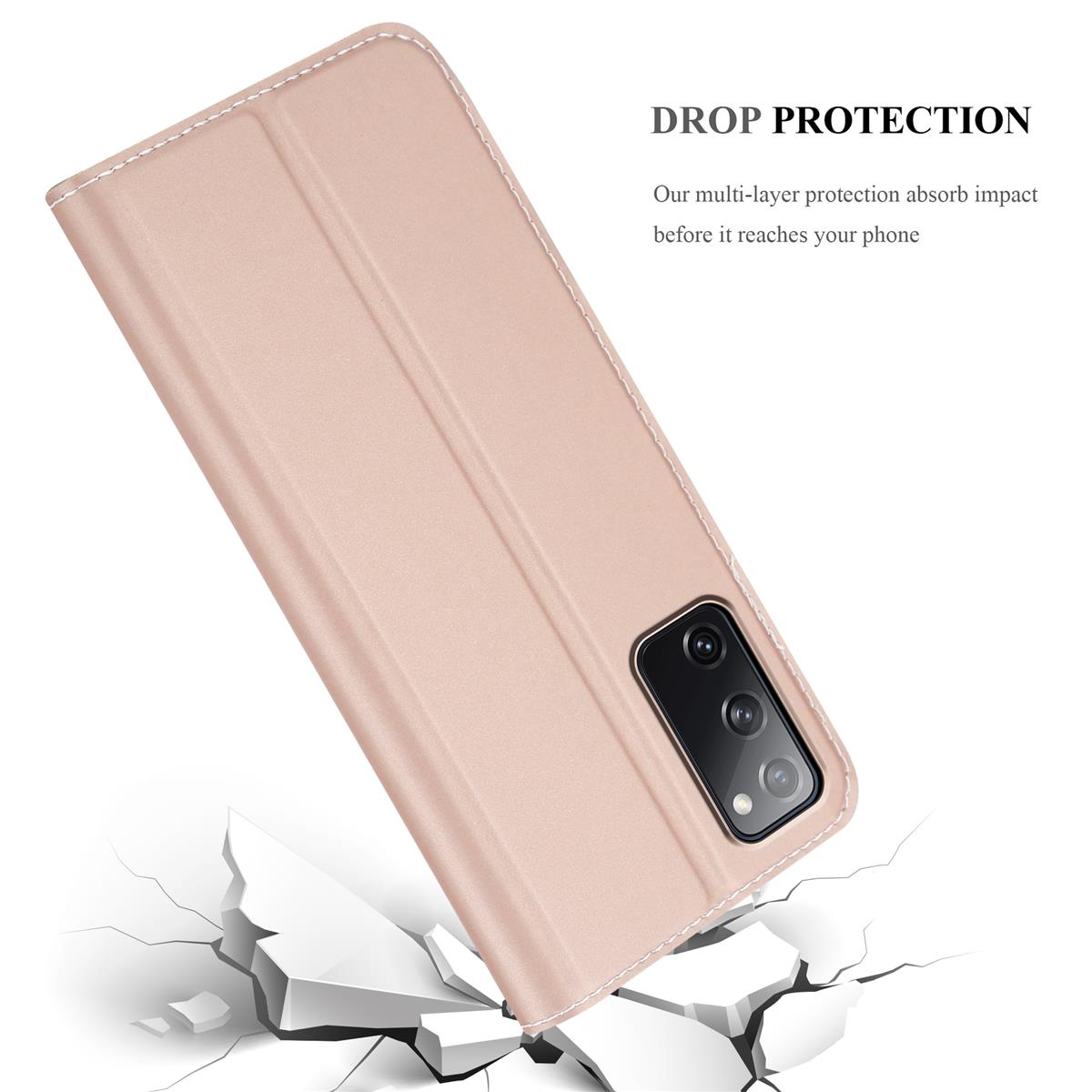 Custodia rosa con telefono, su superficie crepata. Testo: Protezione dalle cadute.