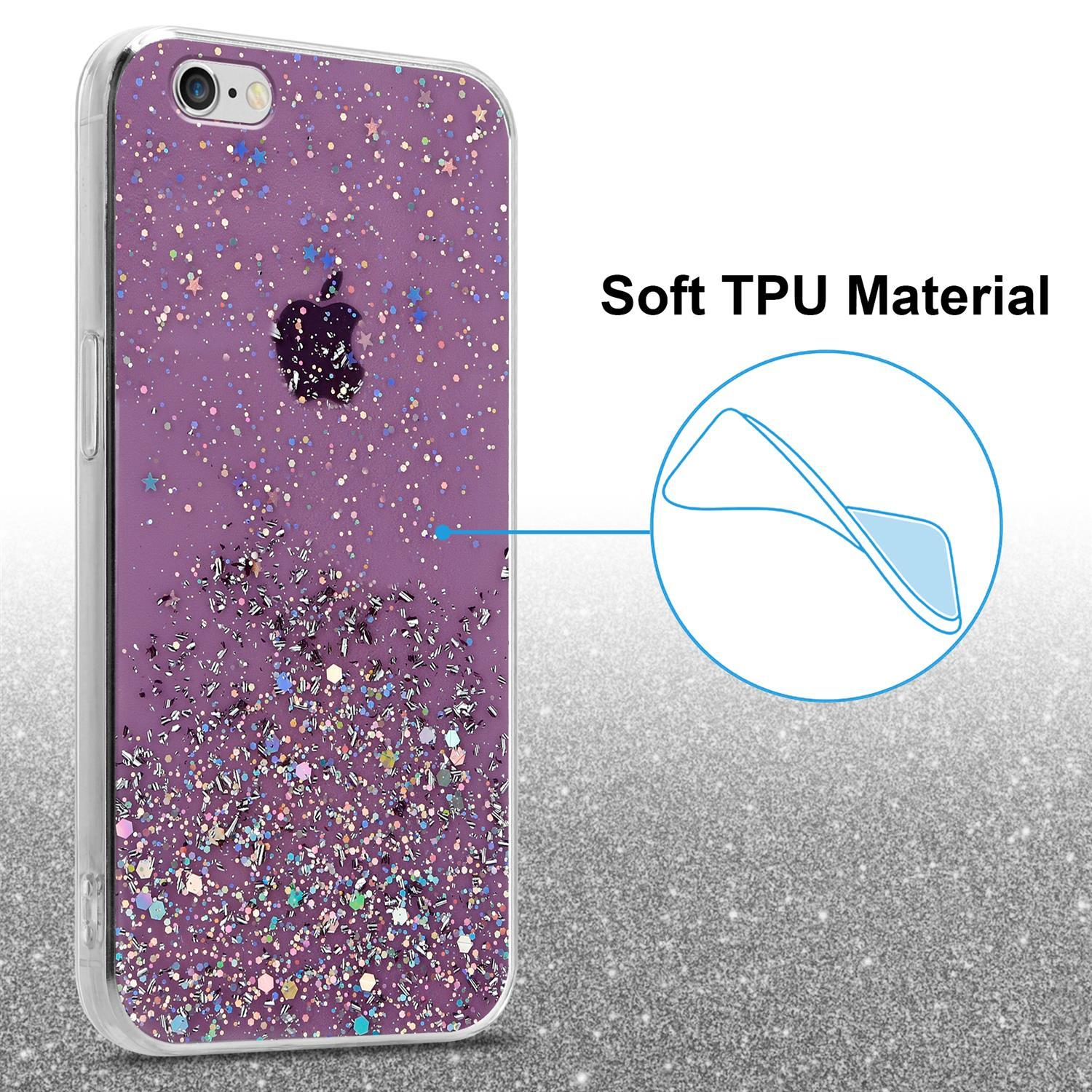 Lila Handyhülle mit Glitzer und Apple-Logo. Text: Weiches TPU-Material.
