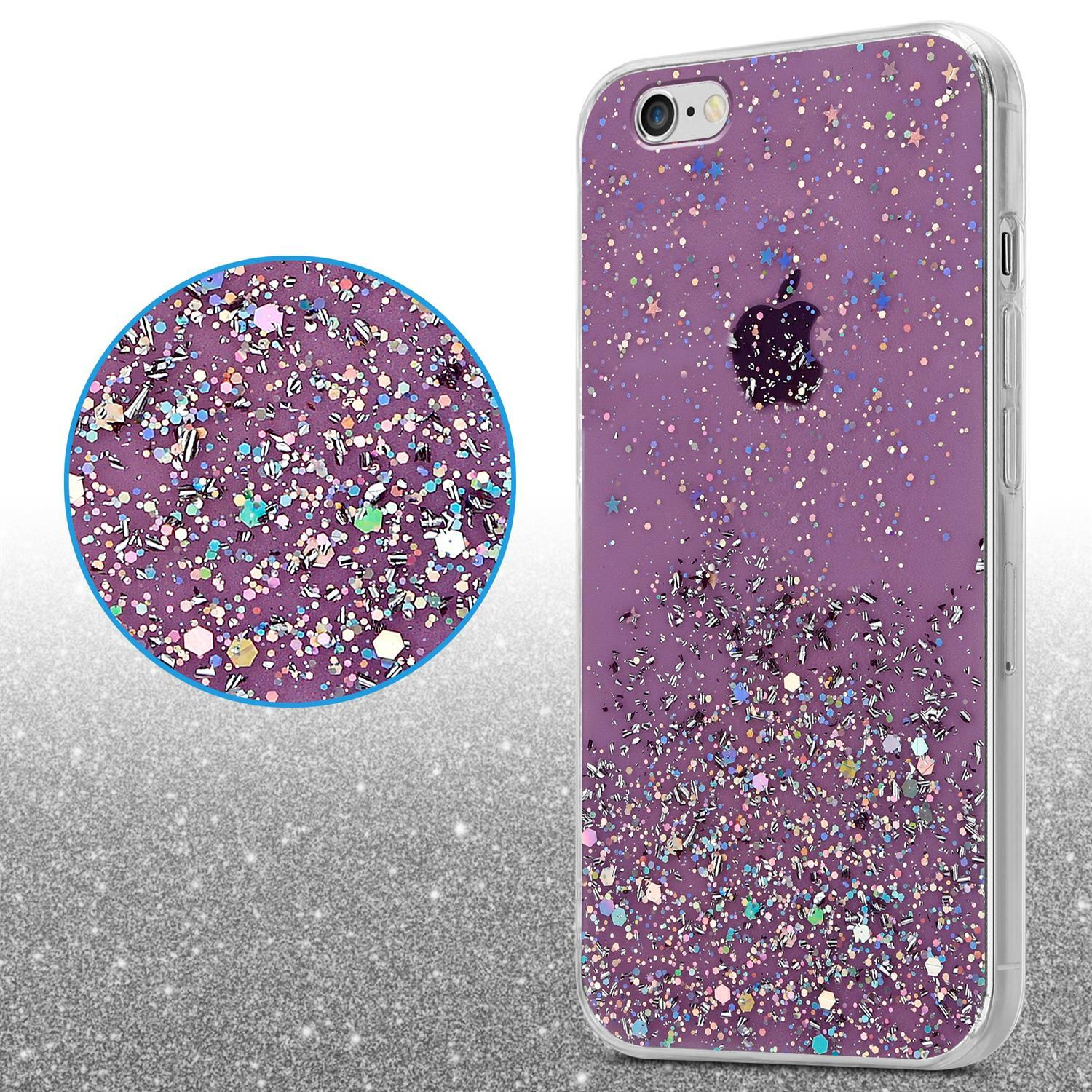 Lila Handyhülle mit Glitzer und Nahaufnahme. Ein Telefon mit schwarzem Apple-Logo wird gezeigt. Weißer Hintergrund.