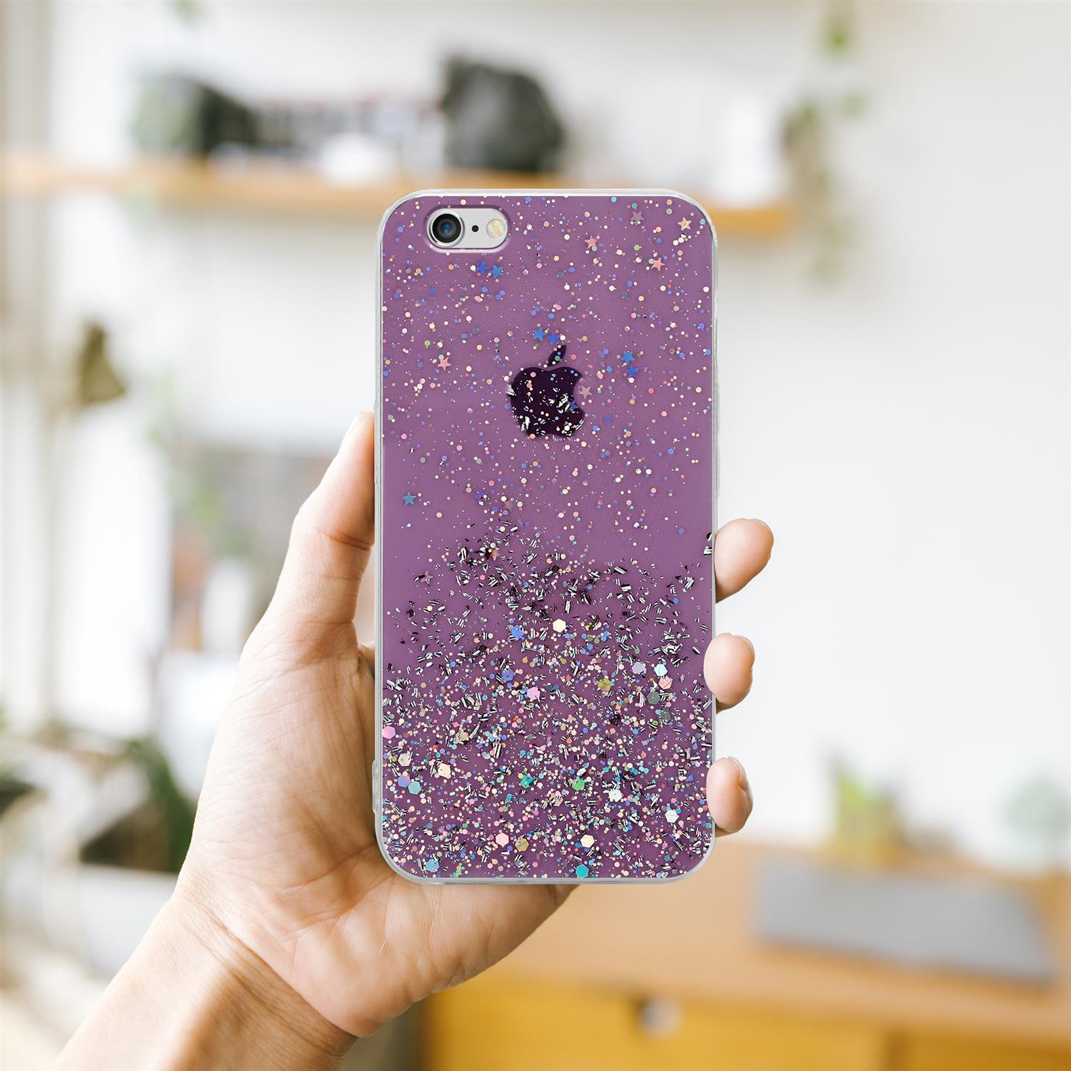 Hand, die eine lila Handyhülle mit Glitzer hält, und ein Telefonbildschirm wird gezeigt.
