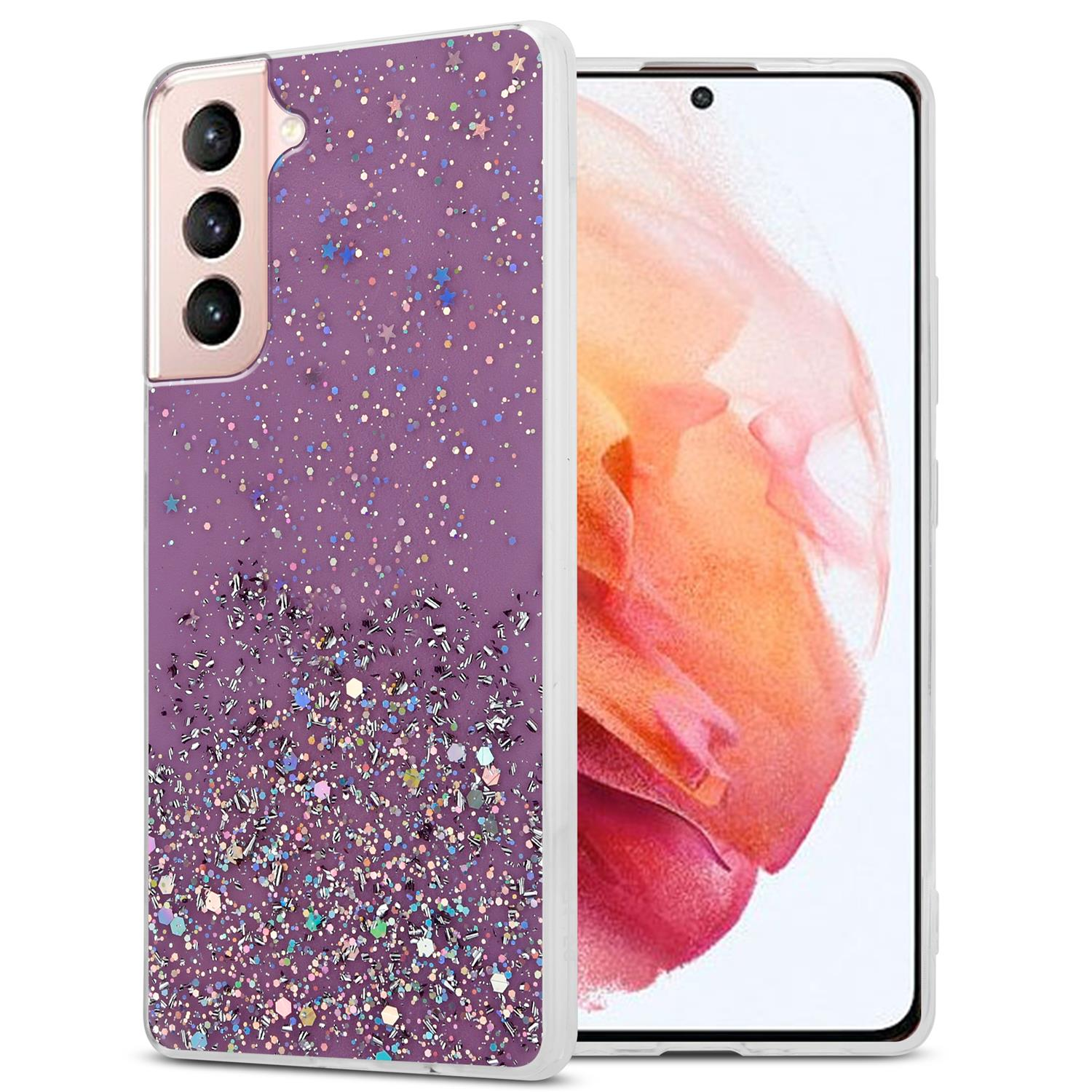 Lila Glitzer-Handyhülle. Telefon rechts.