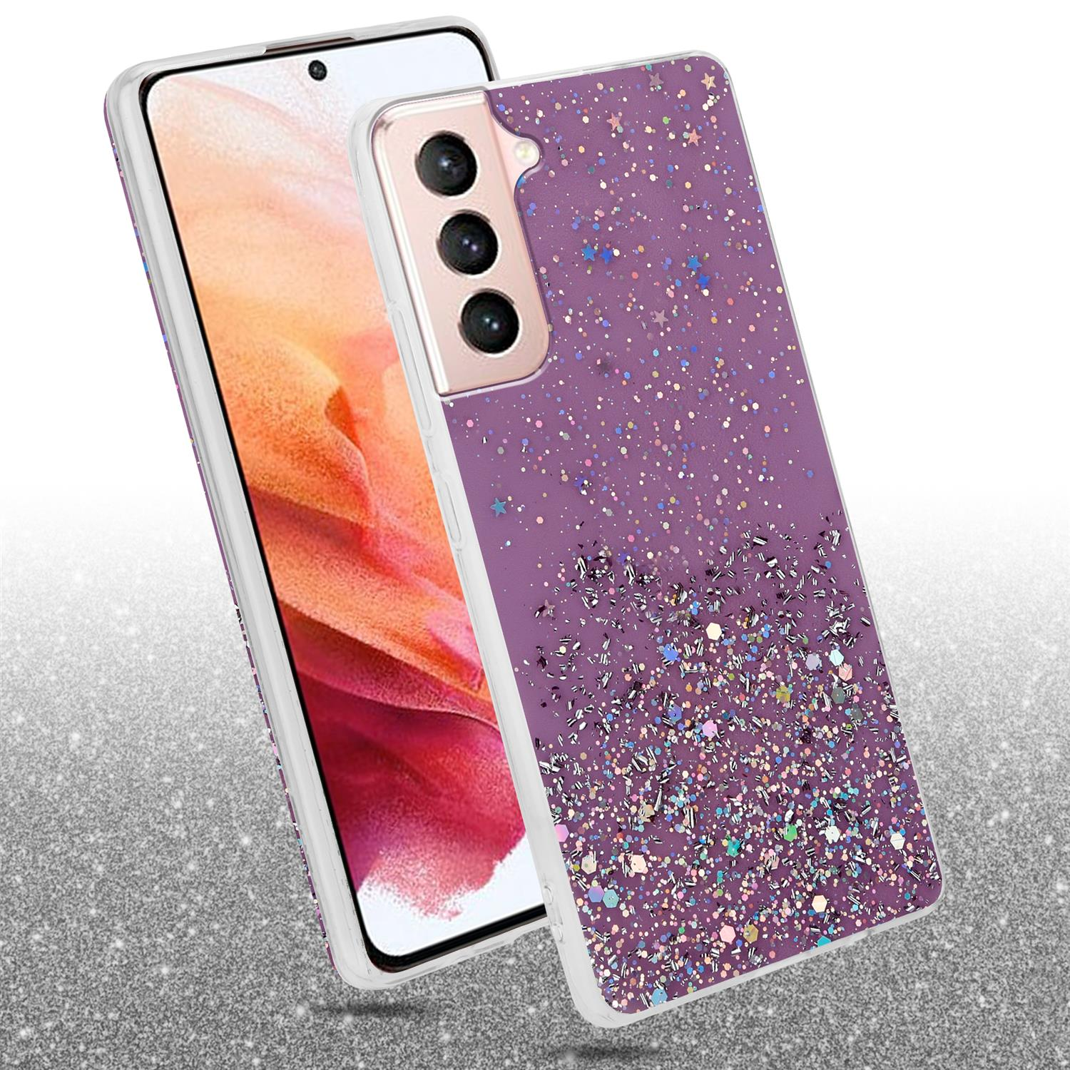 Eine Handyhülle mit Glitzer auf dem Telefon, auf glänzender Oberfläche, mit einem Telefon links.