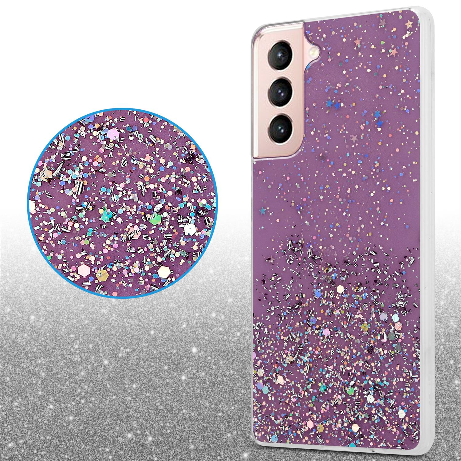 Lila Handyhülle mit Glitzer. Eine Nahaufnahme zeigt den Glitzer. Telefon hat drei Kameras.