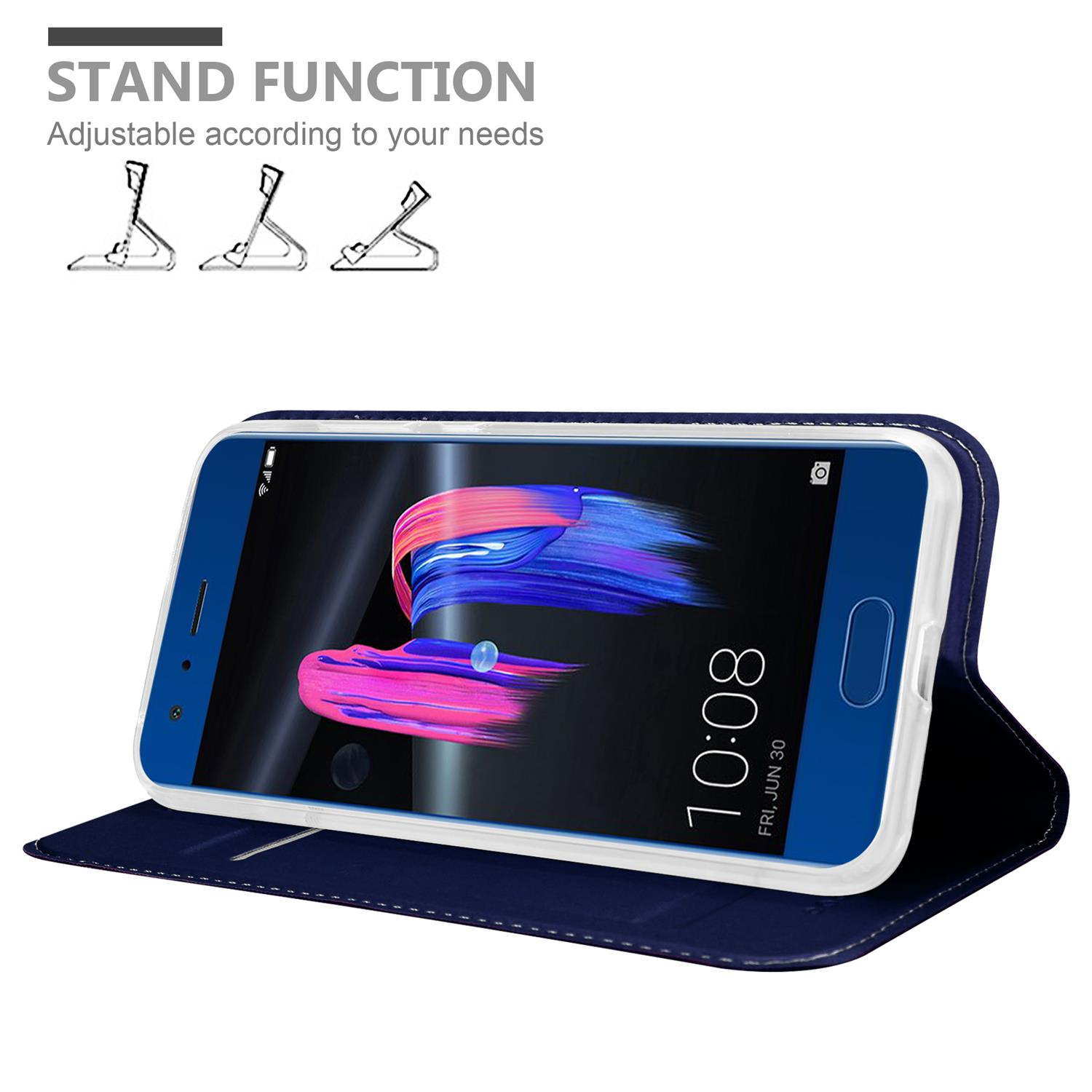Eine marineblaue Handyhülle mit dem Telefon darin. Das Telefon zeigt einen Bildschirm und die Hülle ist offen.