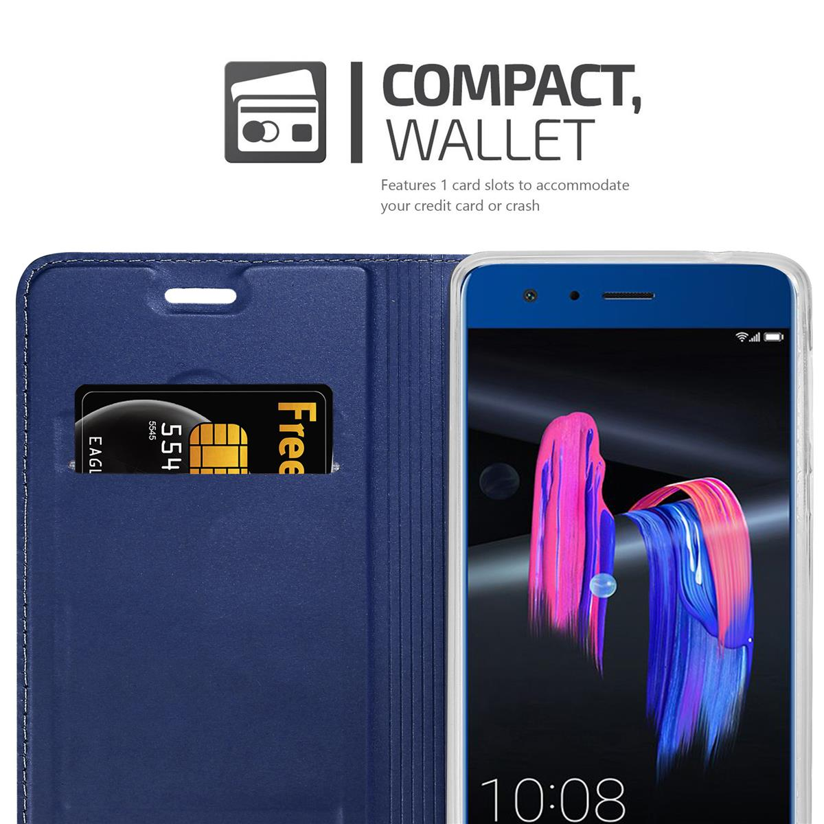 Telefon in blauem Wallet Case, offen. Kartenfächer sichtbar. Telefon zeigt bunte, abstrakte Kunst.