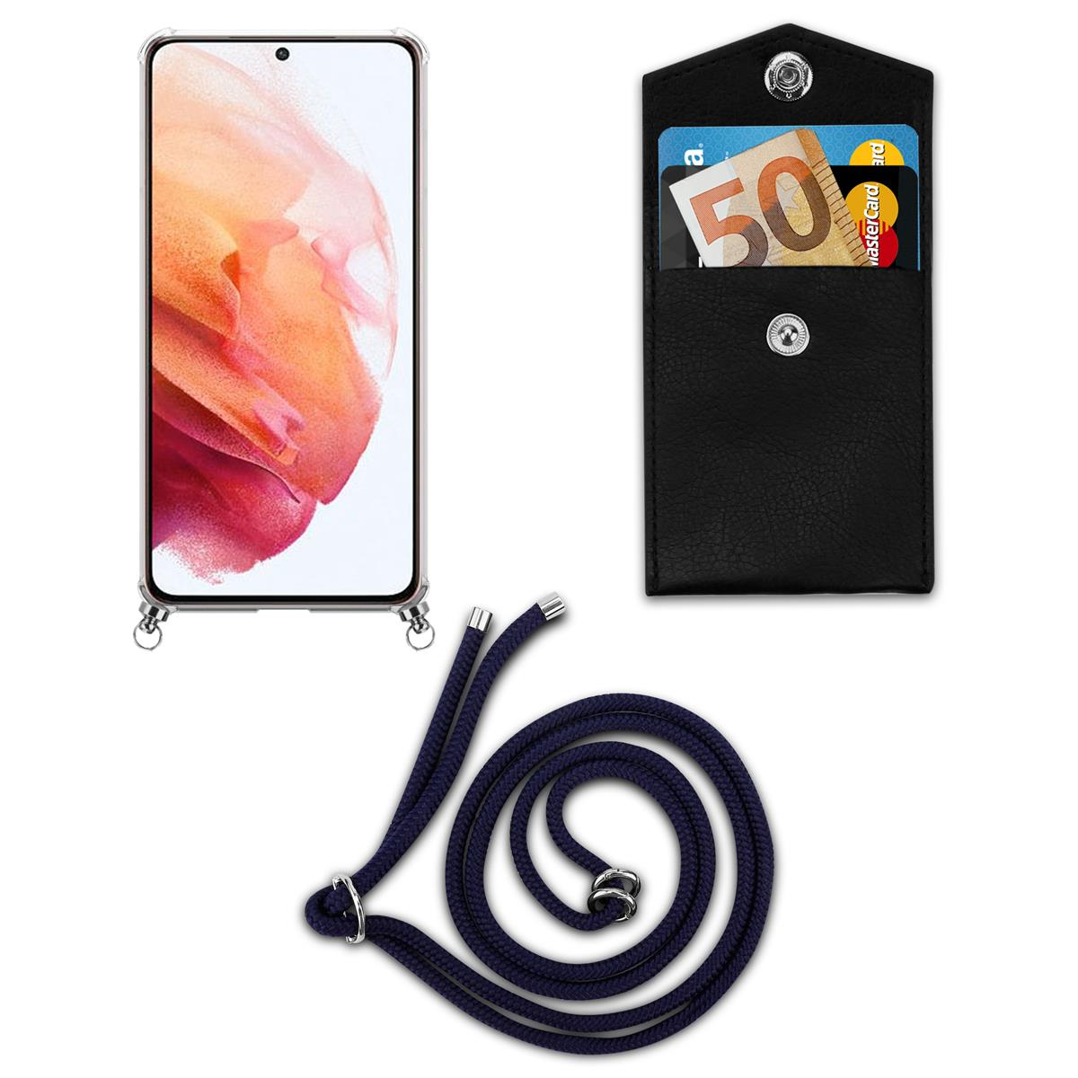Telefono con cinturino, custodia nera con carta e denaro. Cinturino blu navy.