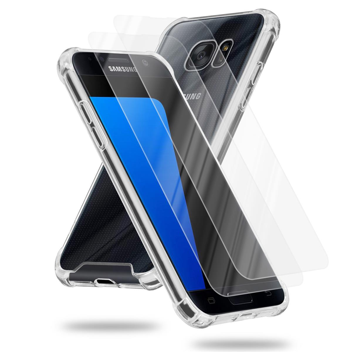 Schutzglas, 2x und Samsung, Galaxy S7, Backcover, TRANSPARENT Tempered CADORABO Hülle