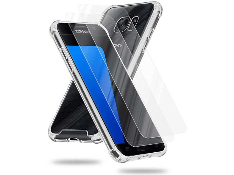 CADORABO Hülle und S7, TRANSPARENT Galaxy Tempered Schutzglas, Samsung, 2x Backcover