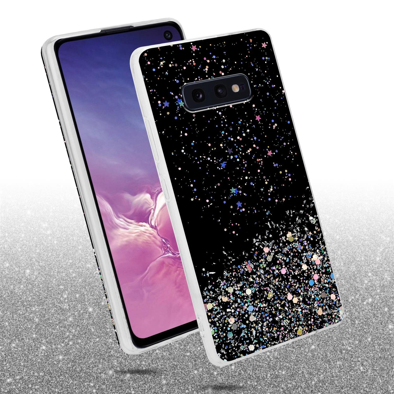 Custodia nera con glitter. Telefono su bianco. Retro, cornice bianca.