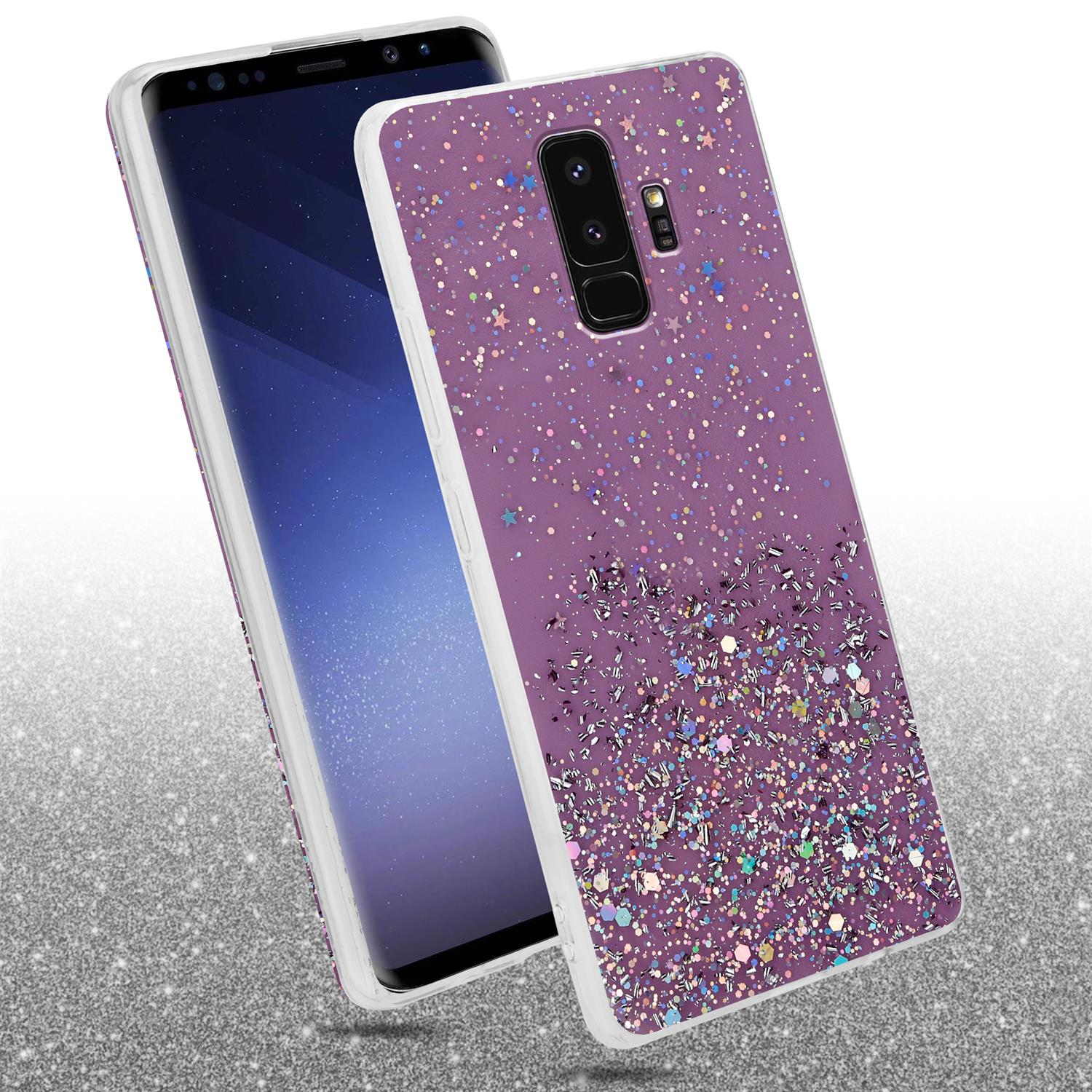 Lila Handyhülle mit Glitzer. Telefon befindet sich in der Hülle.