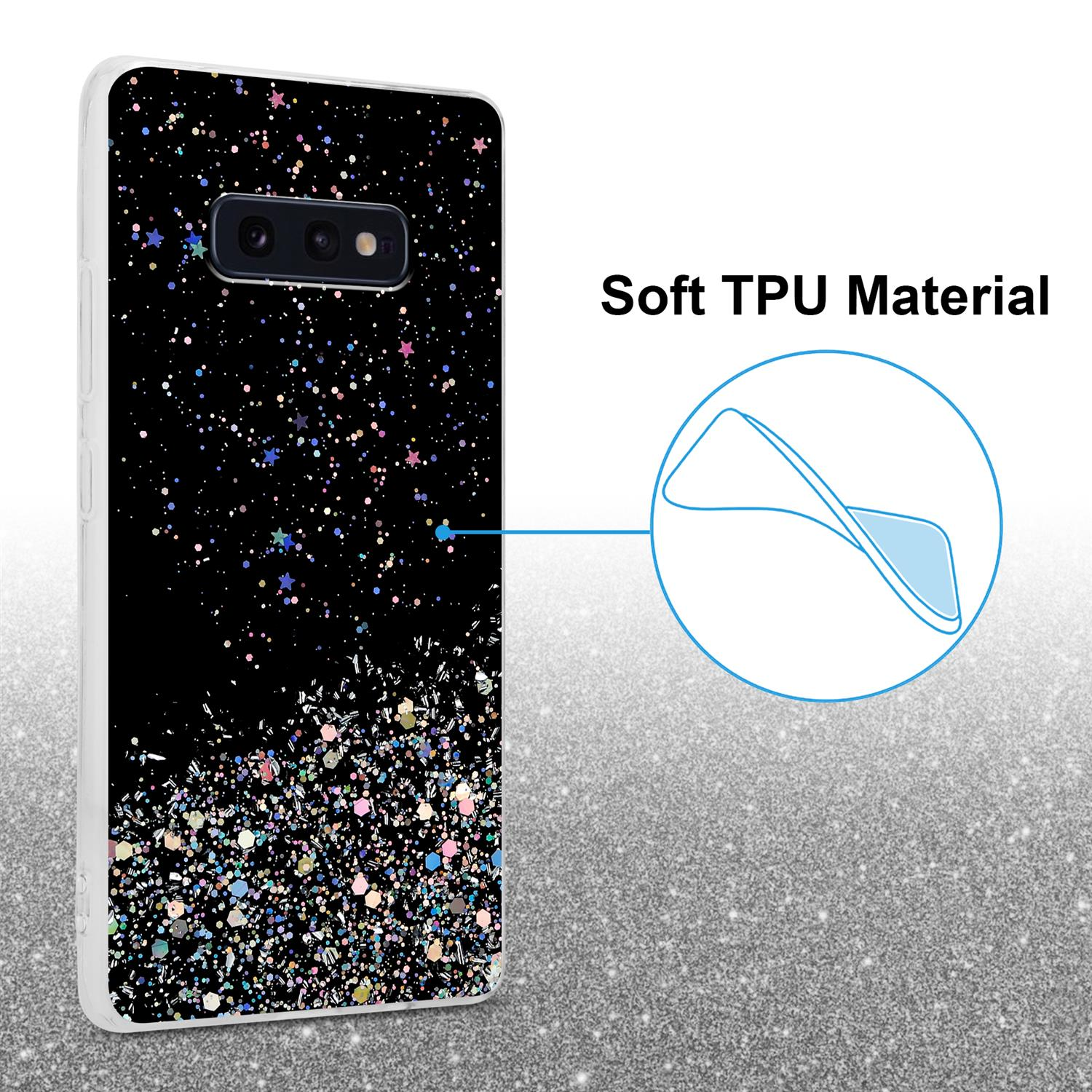 Custodia nera con design glitterato e testo.