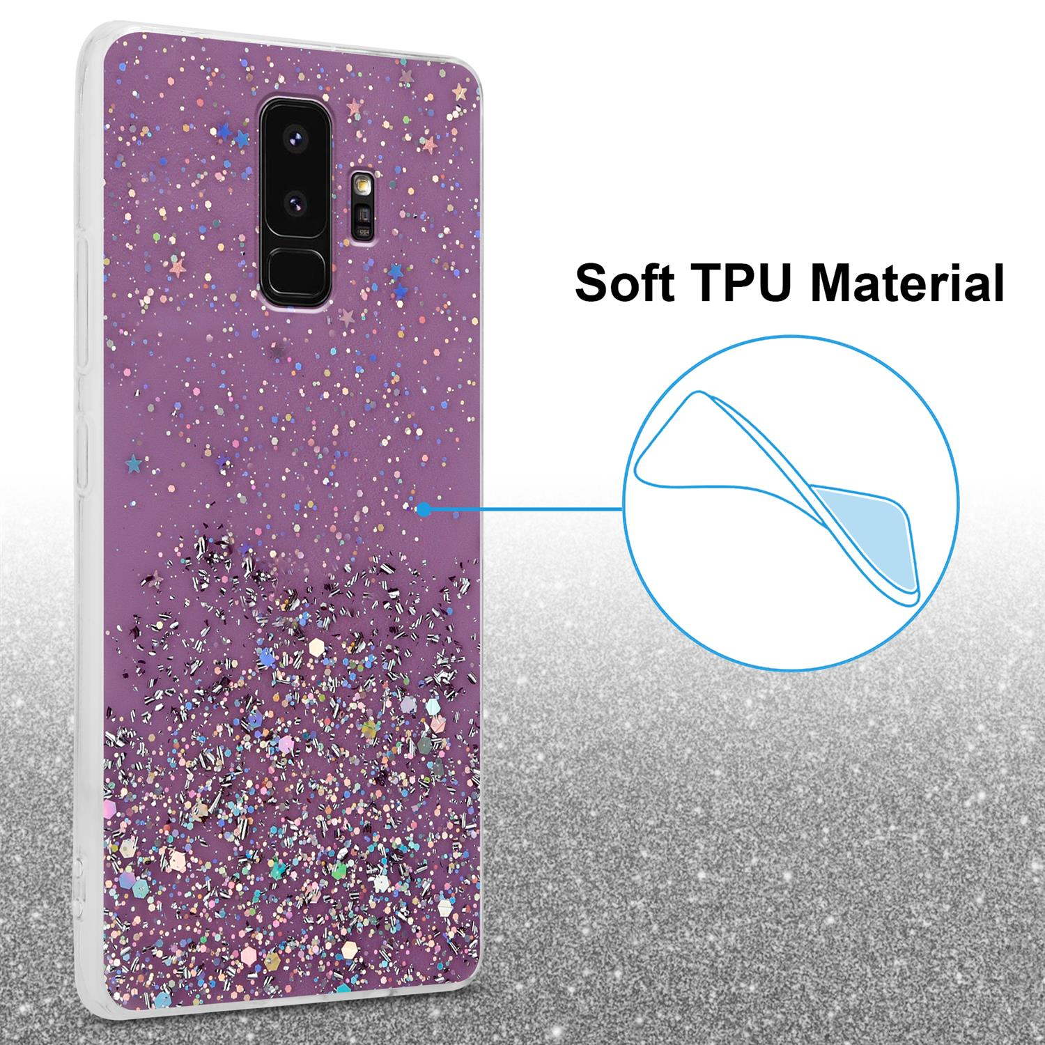 Lila Handyhülle mit Glitzer. Text: Weiches TPU-Material. Silberner Glitzer im Hintergrund, im Gehäuse.