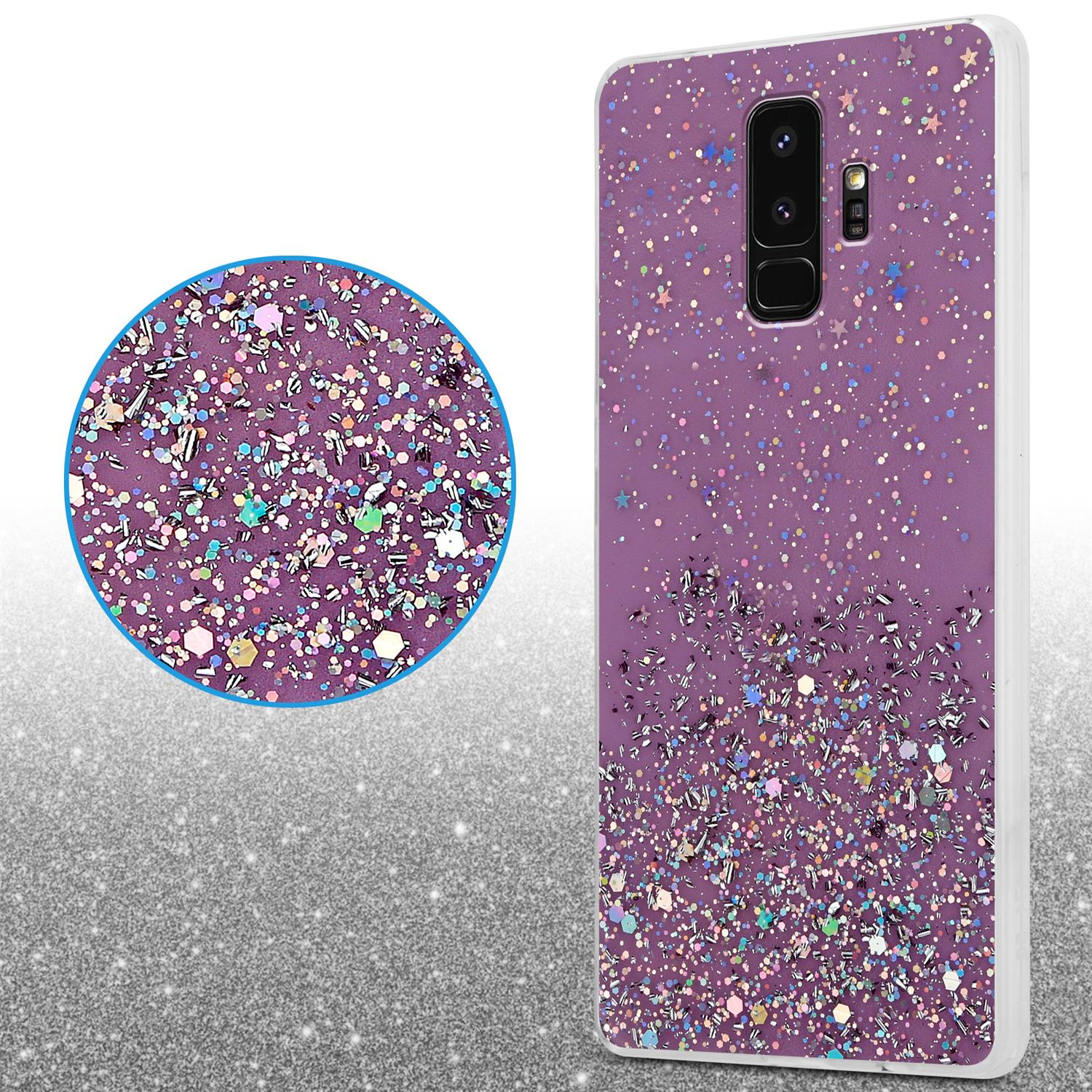 Lila Handyhülle mit Glitzer und Sternen. Links eine Nahaufnahme des Glitzerkreises.