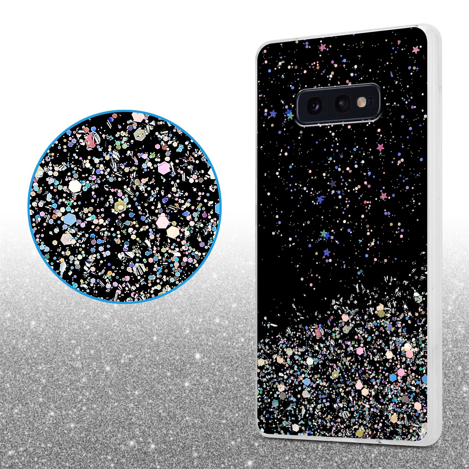 Una custodia per telefono nera con un design glitterato. La vista ingrandita mostra più dettagli del design.