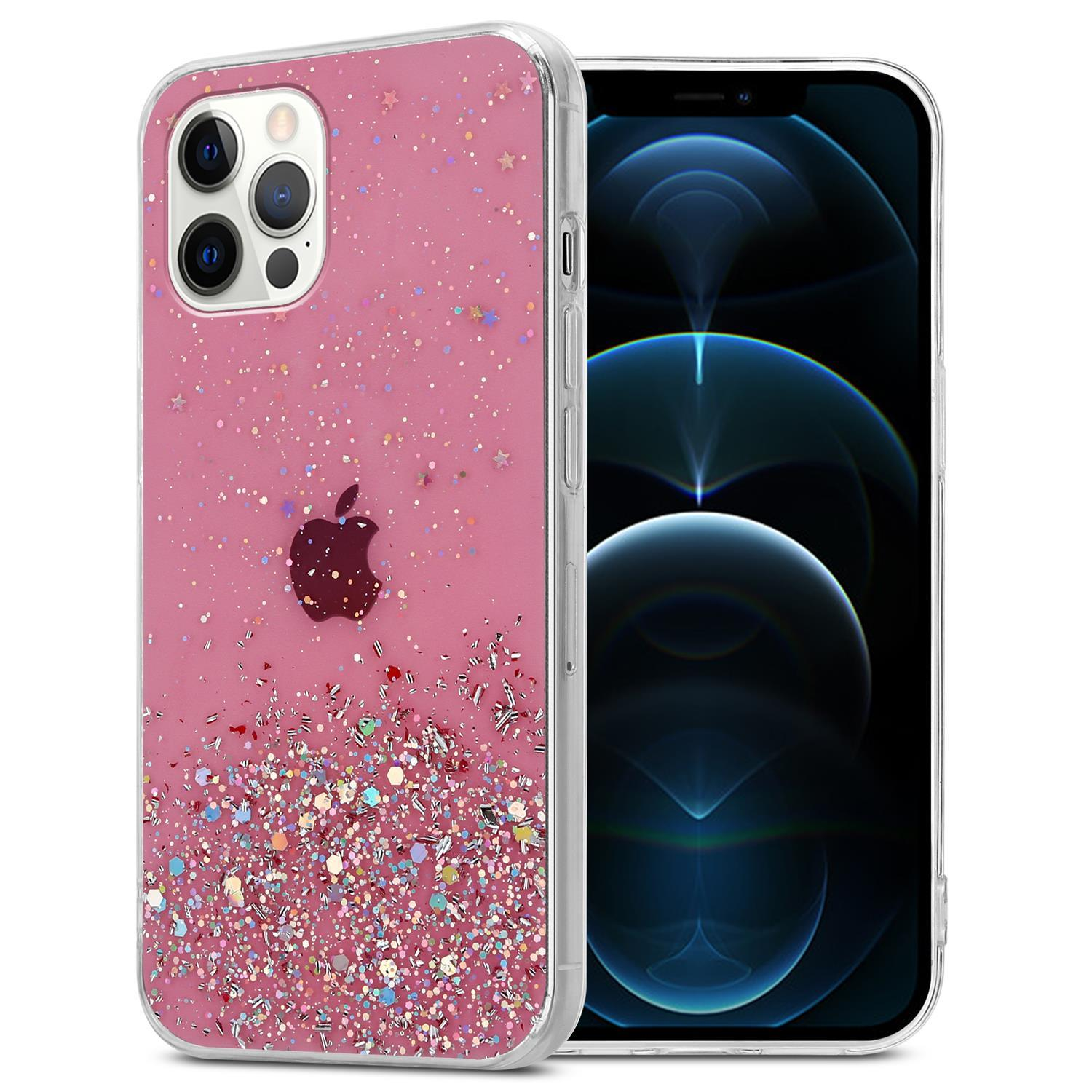 Rosa Handyhülle mit Glitzer und Telefon. Das Telefon ist ein iPhone.
