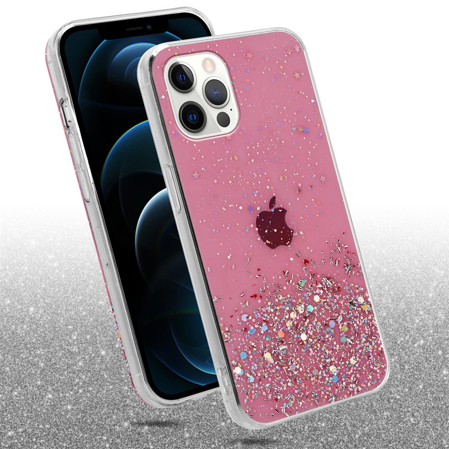 Eine pinke Handyhülle mit Glitzer. Die Hülle hat ein Telefon. Der Hintergrund ist glitzernd.