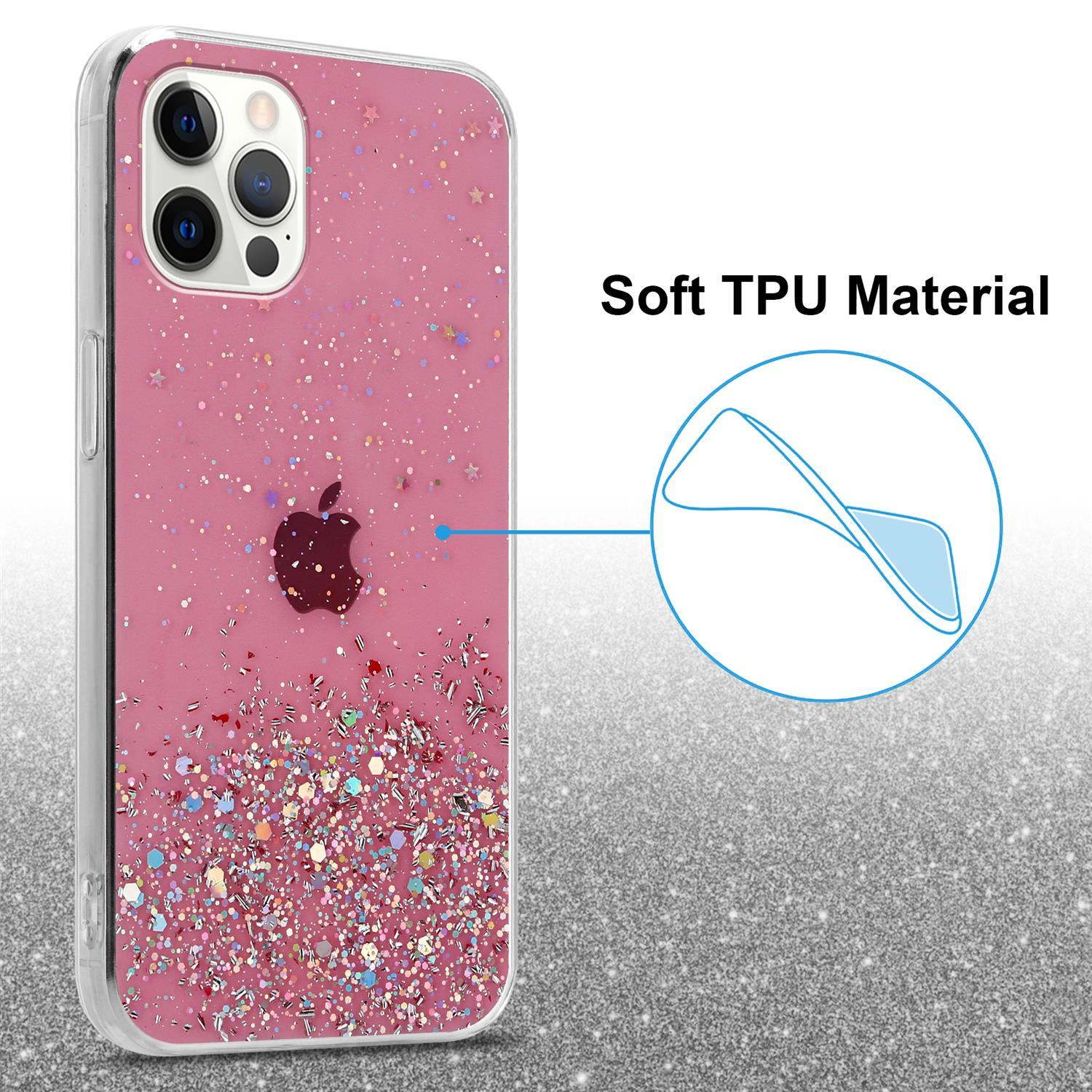 Pink glitzernde Handyhülle mit Apfel-Logo. Die Hülle befindet sich auf einem glänzenden silbernen Hintergrund.